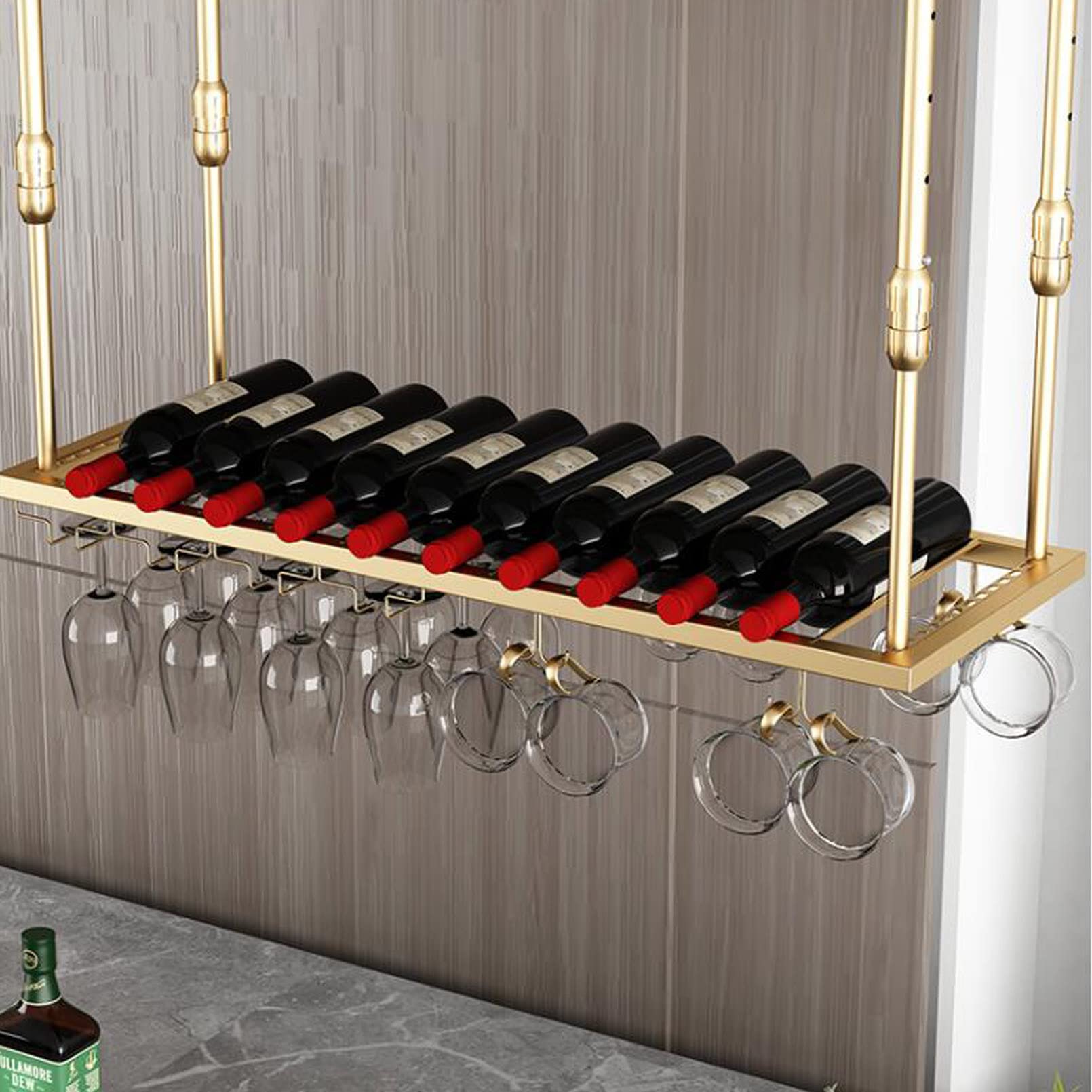 Rangement suspendu pour bars et cuisines : porte-bouteilles métal or