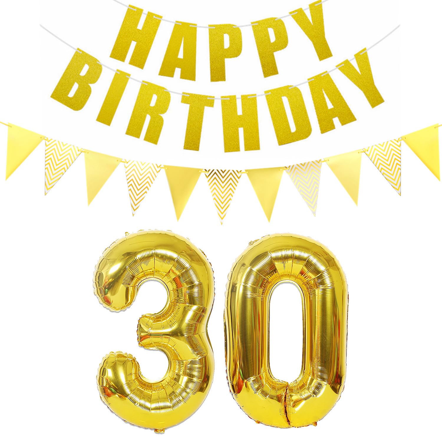 Decorazione Compleanno 30 Anni Donna - Palloncino Oro 80cm Con Ghirlanda Happy Birthday E Striscione In Pellicola
