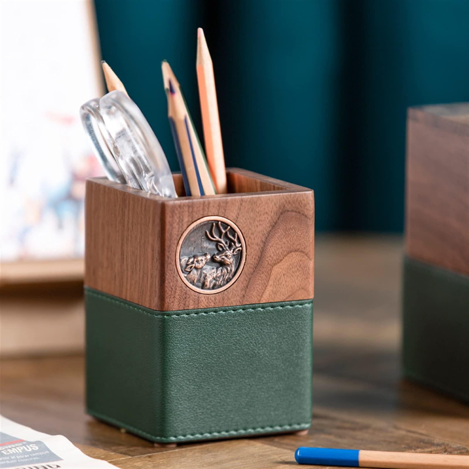 Stifthalter für den Schreibtisch, Stiftehalter aus schwarzem Walnussholz, PU-Leder, 7,9 x, 10, cm, Schreibwaren-Organizer