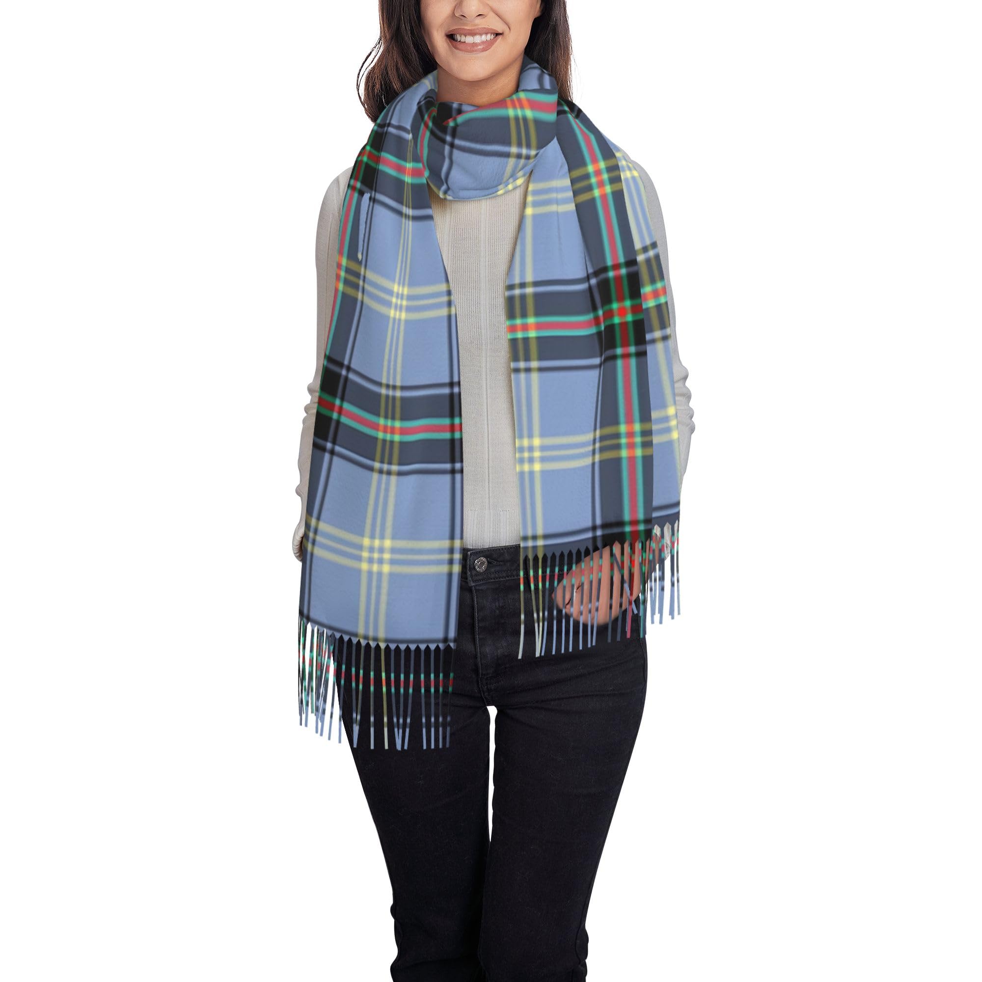 Oudrspo Clan Bell Tartan Scarf Faux Cashmere Tassel Checked Long Scarf