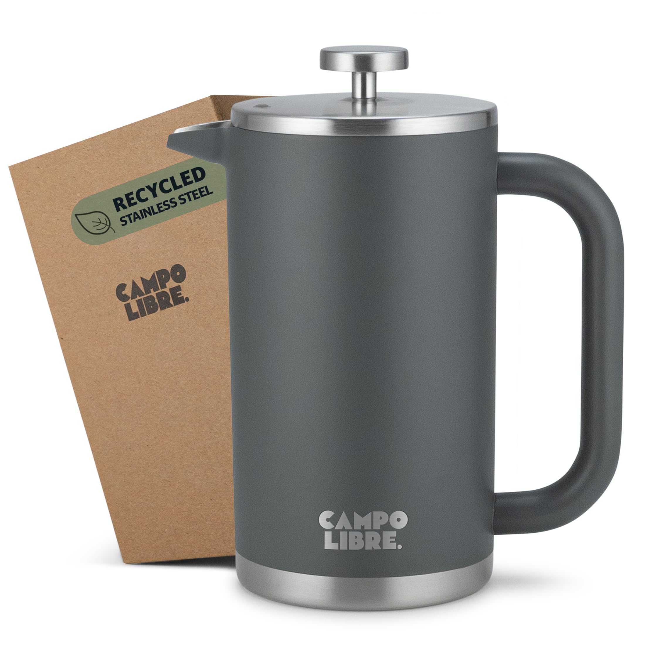 Campo Libre.® Giorgio. French Press, Coffee Press – 1000ml Stainless Steel Cafetiere, Double-Wall Insulated, Plastic-Free, Thermal Coffee Maker with Spare Filter – Dishwasher safe - Recycled Steel.