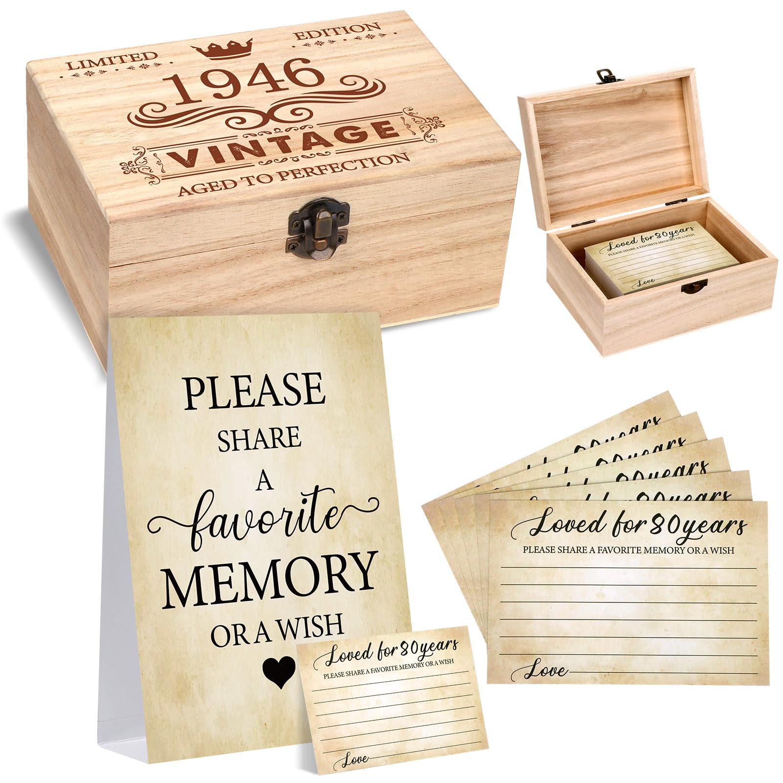 BVREUG 80th Birthday Share a Memory Set Vintage 1946 Keepsake Box with Tabletop Sign and 50 Memory Cards Aged to Perfection 80th Birthday Party Decorations & Guest Book Alternative