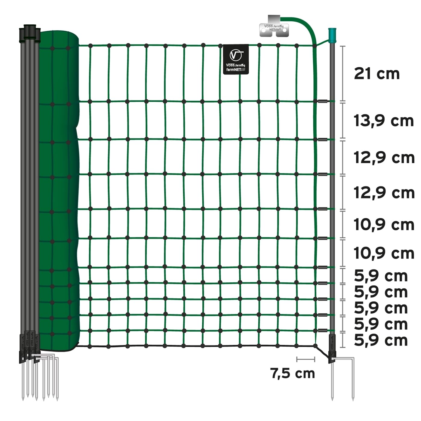 VOSS.farming farmNET-75 50m Hühnerzaun, Geflügelnetz, 112cm, 16 Pfähle, 2 Spitzen, grün, elektrifizierbar, Hühnernetz, Hundenetz, Katzennetz