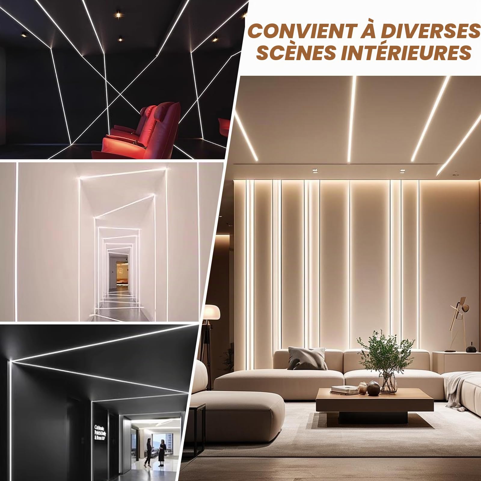 Profilé en aluminium pour panneaux de 1 m avec diffuseurs LED encastrés et couvercle blanc laiteux, 6 bandes de 1 m (B, pour bandes LED de 12 mm)