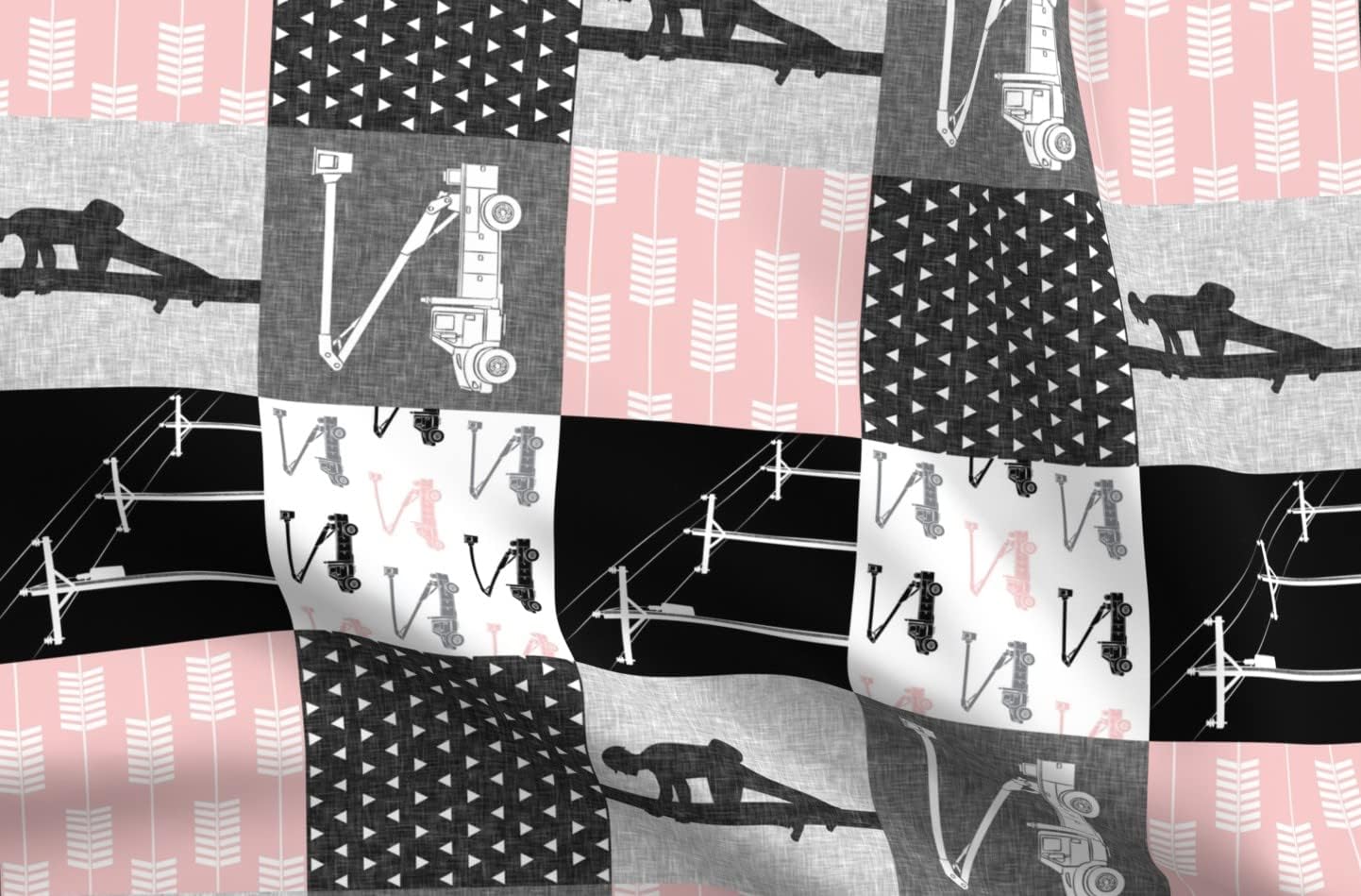 Spoonflower Fabric - Lineman Patchwork Pink Arrows Grey Girl Power Lines Bucket Truck Printed on Organic Cotton Sateen Fabric by The Yard - Sewing Quilting Apparel Home Decor