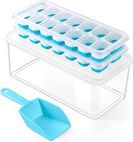 ARTLEO Bandeja para cubitos de hielo con tapa y contenedor, paquete de 2 bandejas de plástico de silicona para cubitos de hielo para congelador con