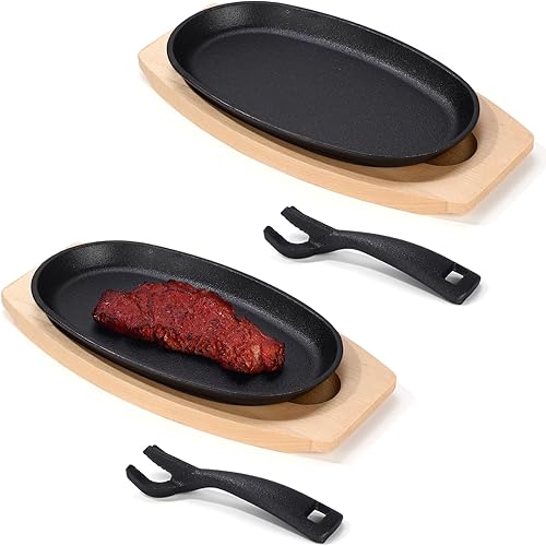 Vista 9 de Mifoci Juego de 12 sartenes ovaladas de hierro fundido para fajita, plato pequeño para carne chisporroteante con base de madera y mango, sartén