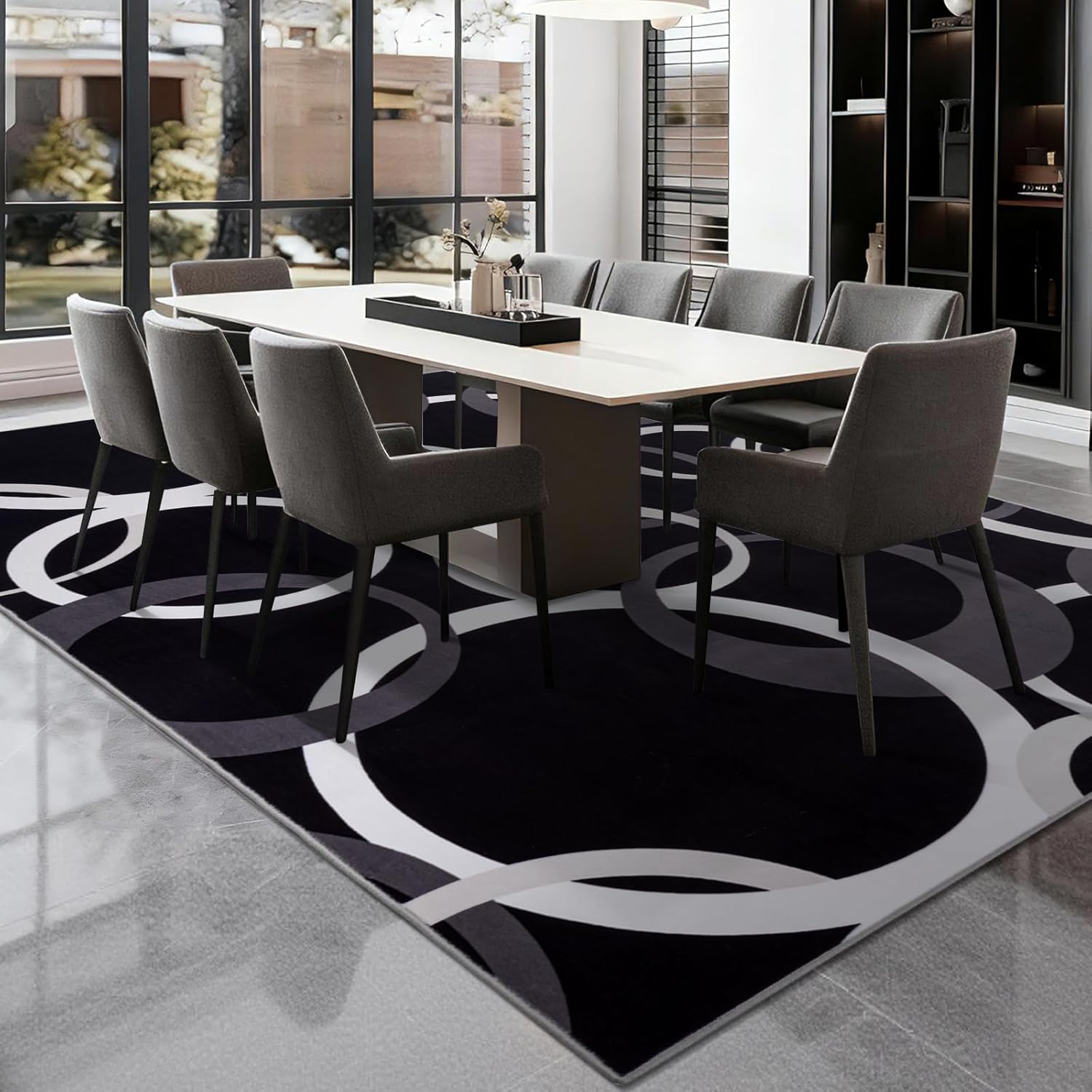 YIHOUSE 8x10 Ft Area Rugs, Concentric Circle Carpet Washable Rug, Black and White Geometric Design Rug for Grand Rooms, Master Bedrooms, Dining Room, Nursery, Home Office Decor, Nonslip Non-Shedding