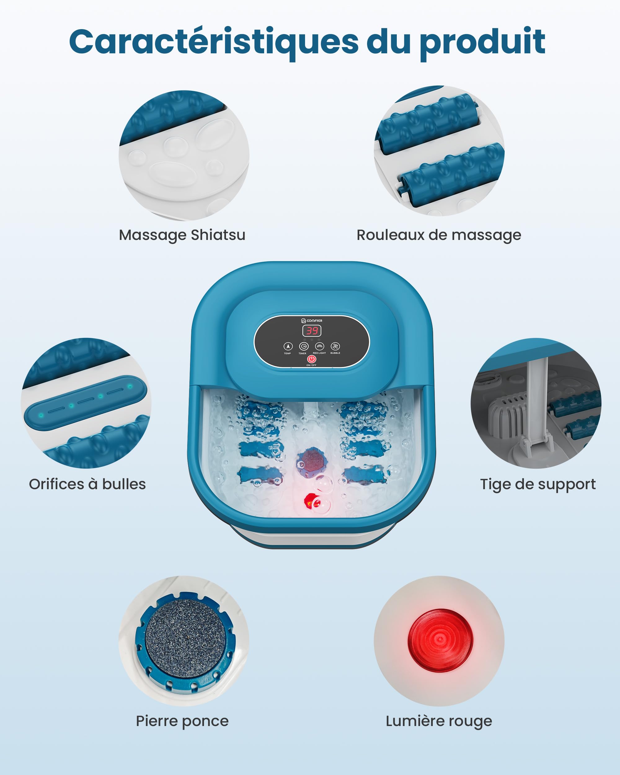 COMFIER Fußsprudelbad mit Massage und Heizfunktion | Faltbares Fußmassagegerät |Vibration & Sprudelfunktion |Timer|Pediküre Bimsstein|35℃-48℃|Fußbad mit 8 Shiatsu-Rollen (Schwarz)