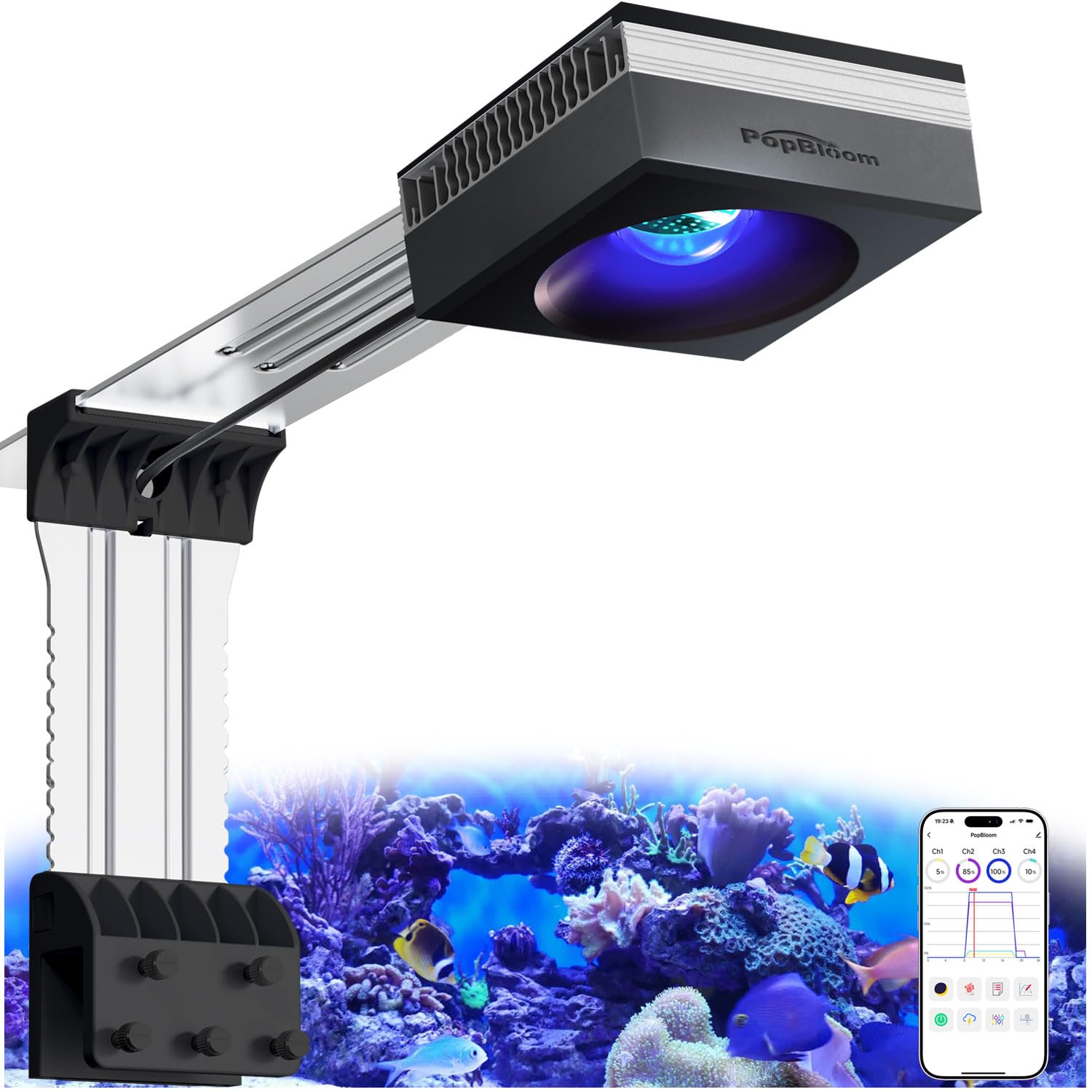 PopBloom RL90 WiFi luz led Acuario Marino, lampara Acuarios Pantalla led Acuario Coral, Luces para acuarios (1 Lámpara Con Kit de Montaje)