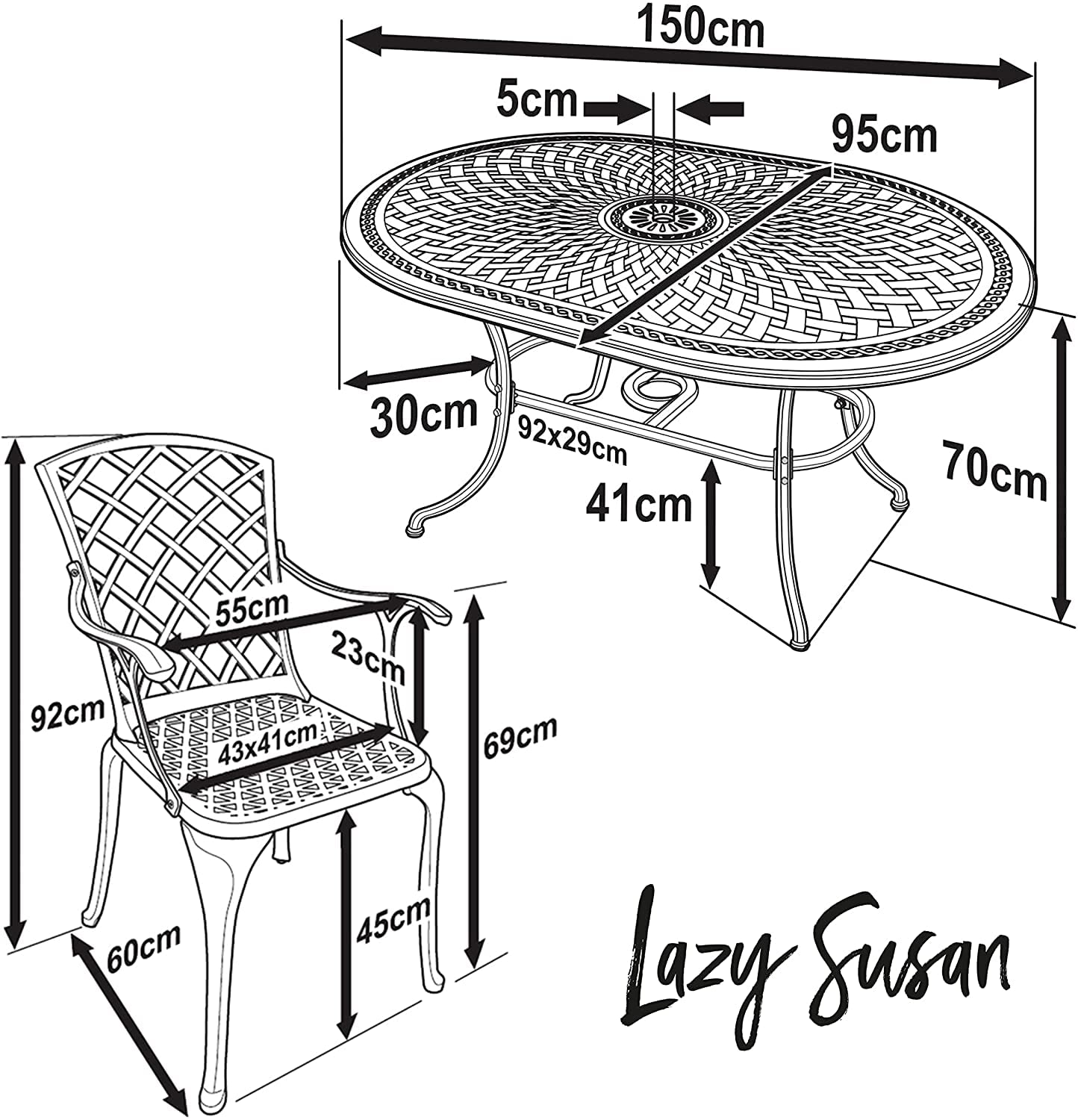 Lazy Susan - June 150 x 95 cm Ovaler Gartentisch mit 4 Stühlen - Gartenmöbel Set aus Metall, Antik Bronze (Emma Stühle, Beige Kissen)