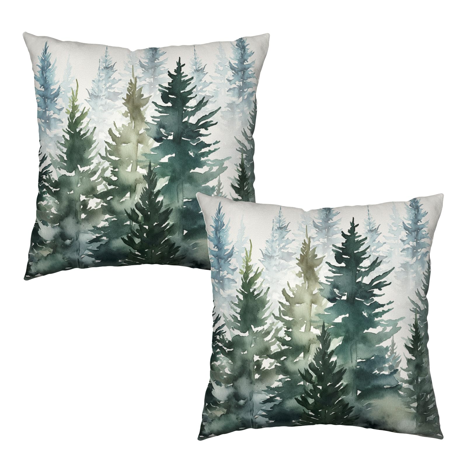 Wnoesat Watercolor Dark Green Tree Pillow Covers 18X18 Set of 2 Rustic Nature Forest Throw Pillow Cover Winter Christmas Decorative Pillow Cases