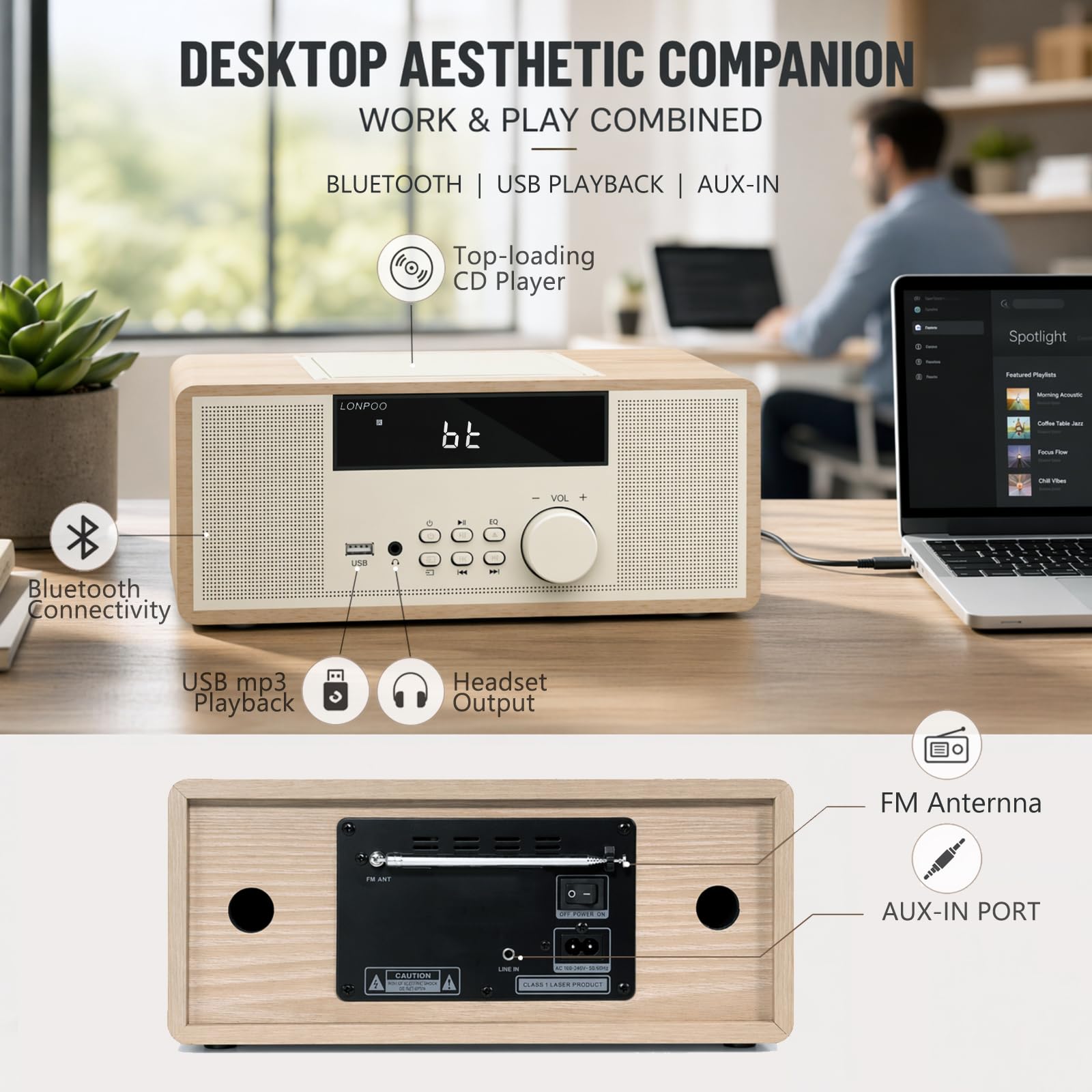 LONPOO Impianto Stereo Casa - 30W Micro HiFi Compatto con lettore CD, Bluetooth, radio FM, USB, AUX-in, display LED e pulsante grande, telecomando (LP-818Y)