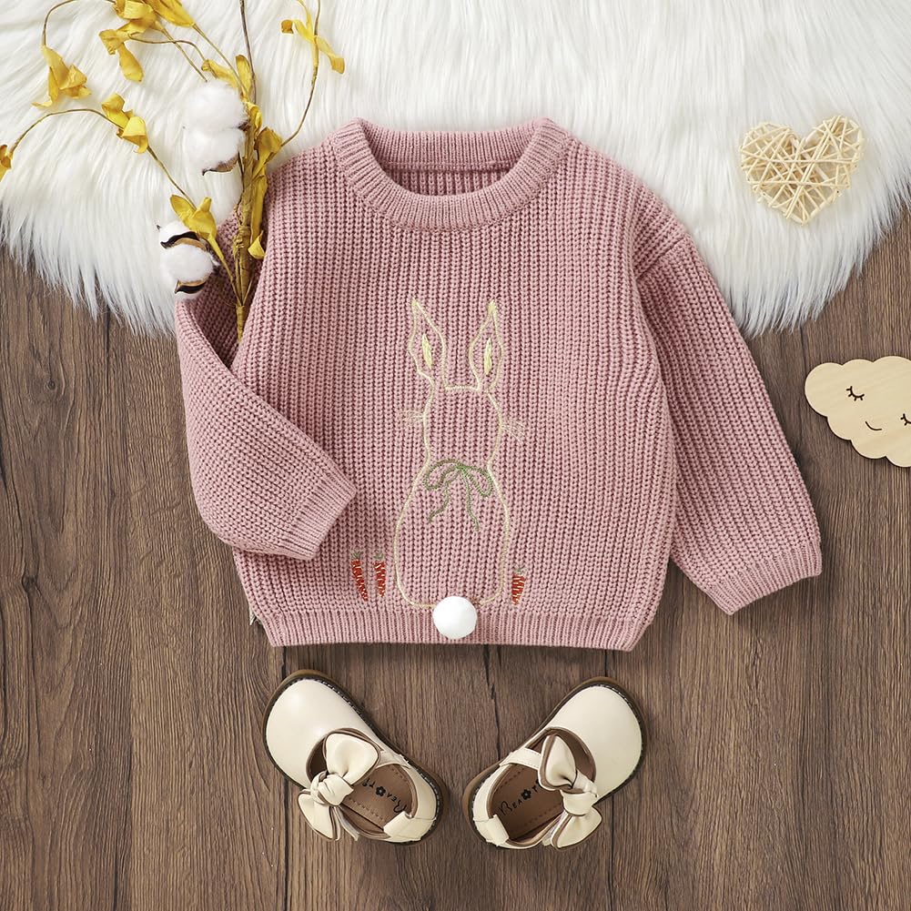 Toddler Girls Sweater Long Sleeve Pull On Bunny Top Spring Fall Winter Clothes Easter Sweater (6 Months) Pink