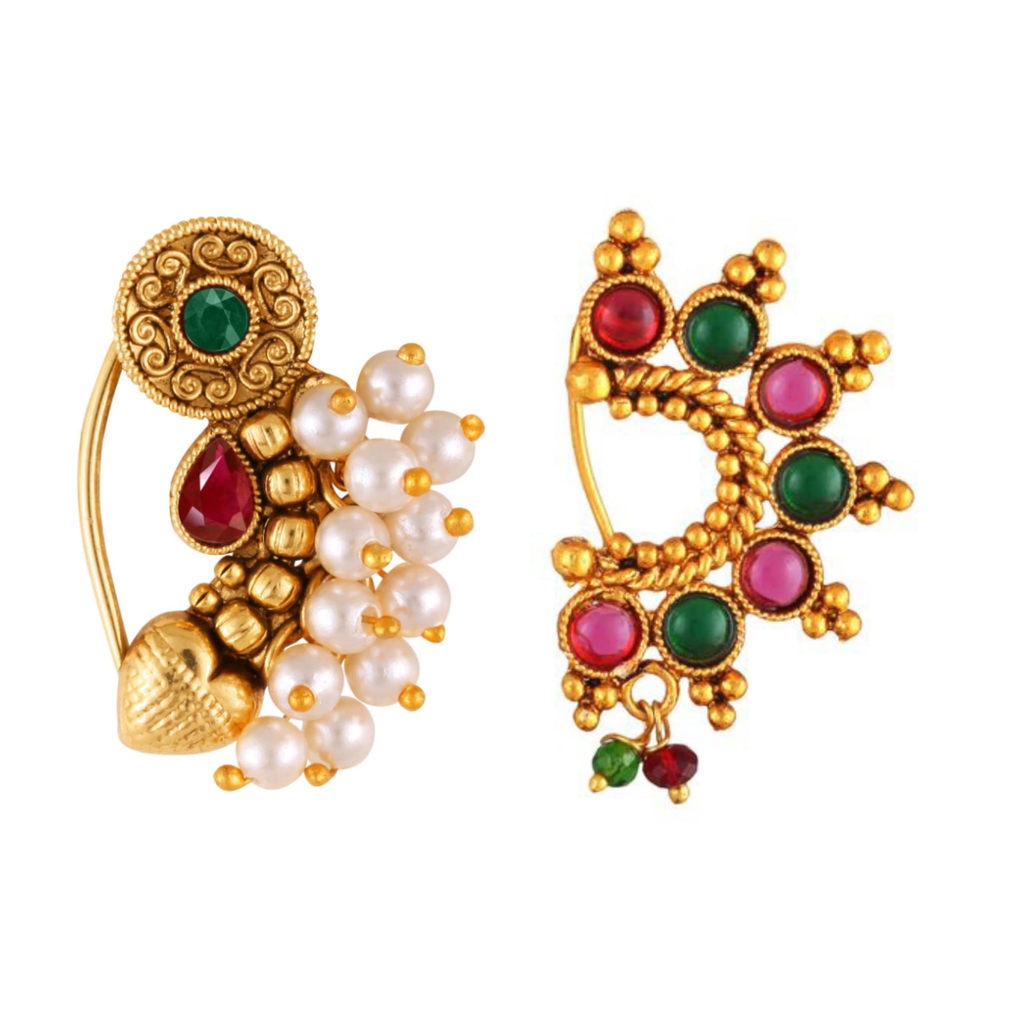 Vighnaharta Gold Plated with Pearl Alloy and Artificial stone CZ Non Piercing Maharashtrian Nath Nathiya Combo./ Nose Pin valentine day gift valentineday gift for her gift for him gift for women gift for women[VFJ1033-1183NTH-Press-Multi]-image-47