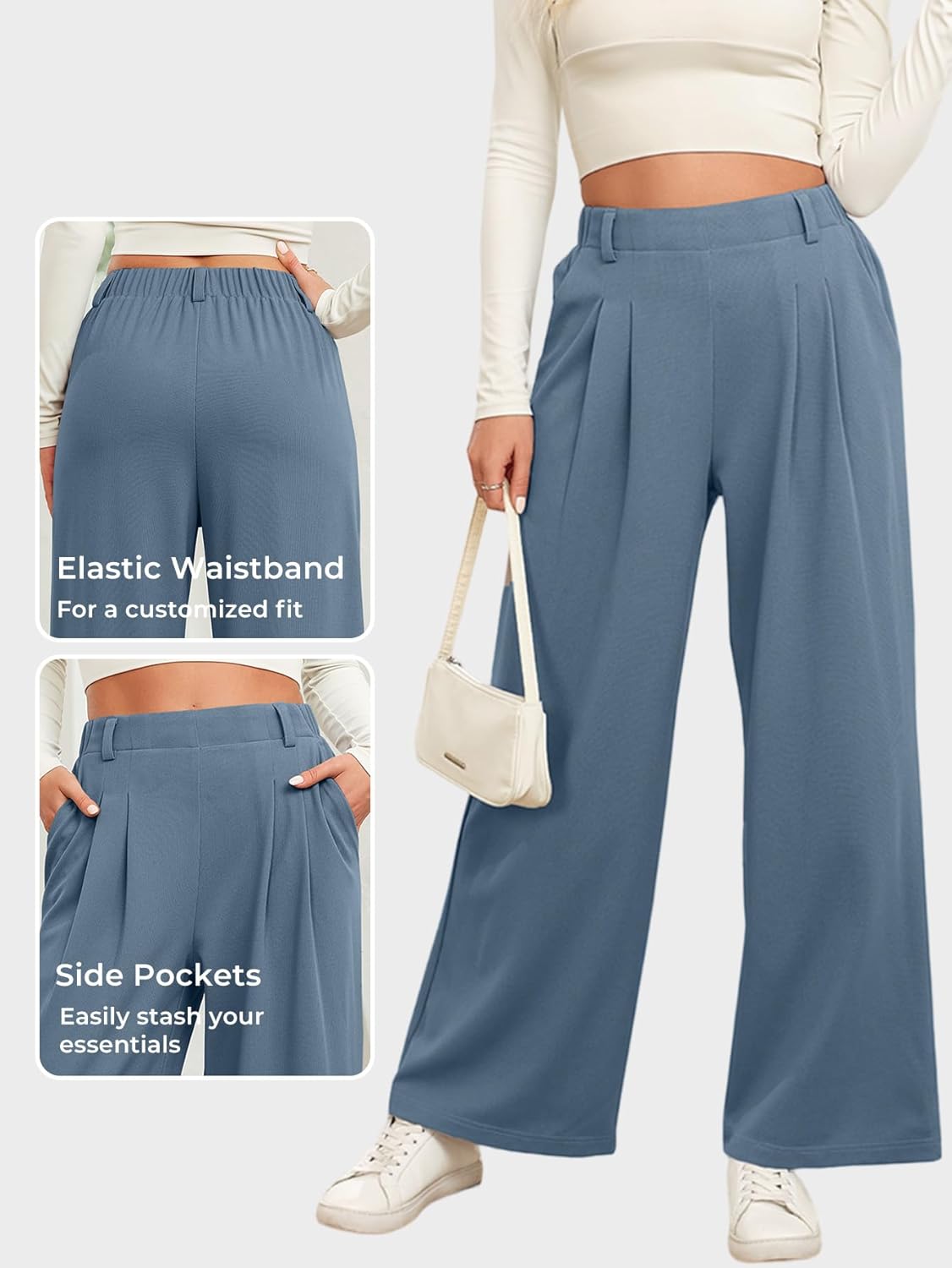 EVALESS Women's Wide Leg Pants Elastic High Waisted Waffle Knit Casual Palazzo Pants Trousers with Pockets - Image 4