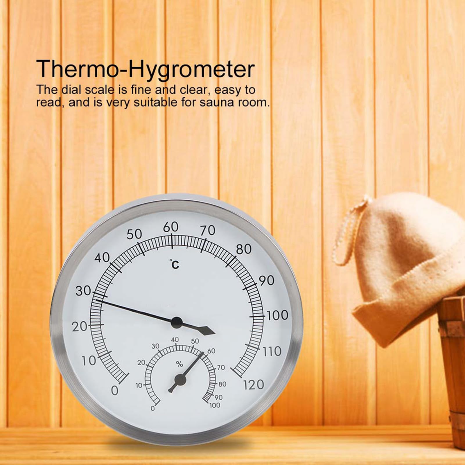 FLEXMAN Thermo Hygrometer, Dial Scale Digital Display Stainless Steel 2In1 Thermo Hygrometer Sauna Room Accessories for Measure Humidity Temperature