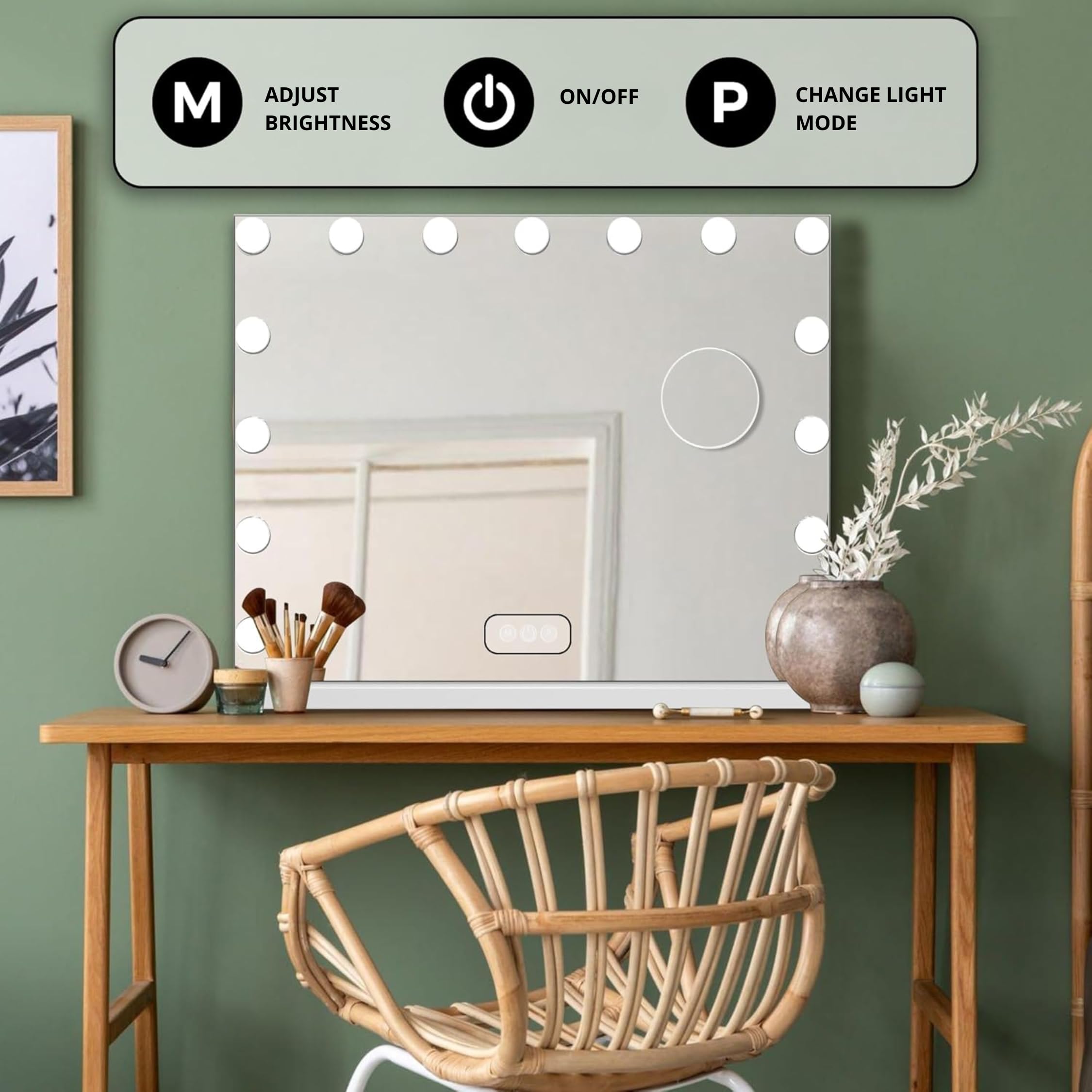 Bayt Specchio Trucco con luci LED – Specchio Hollywood bianco 58x46 cm con 15 lampadine dimmerabili, 3 tonalità di luce (calda, fredda, naturale), touch screen