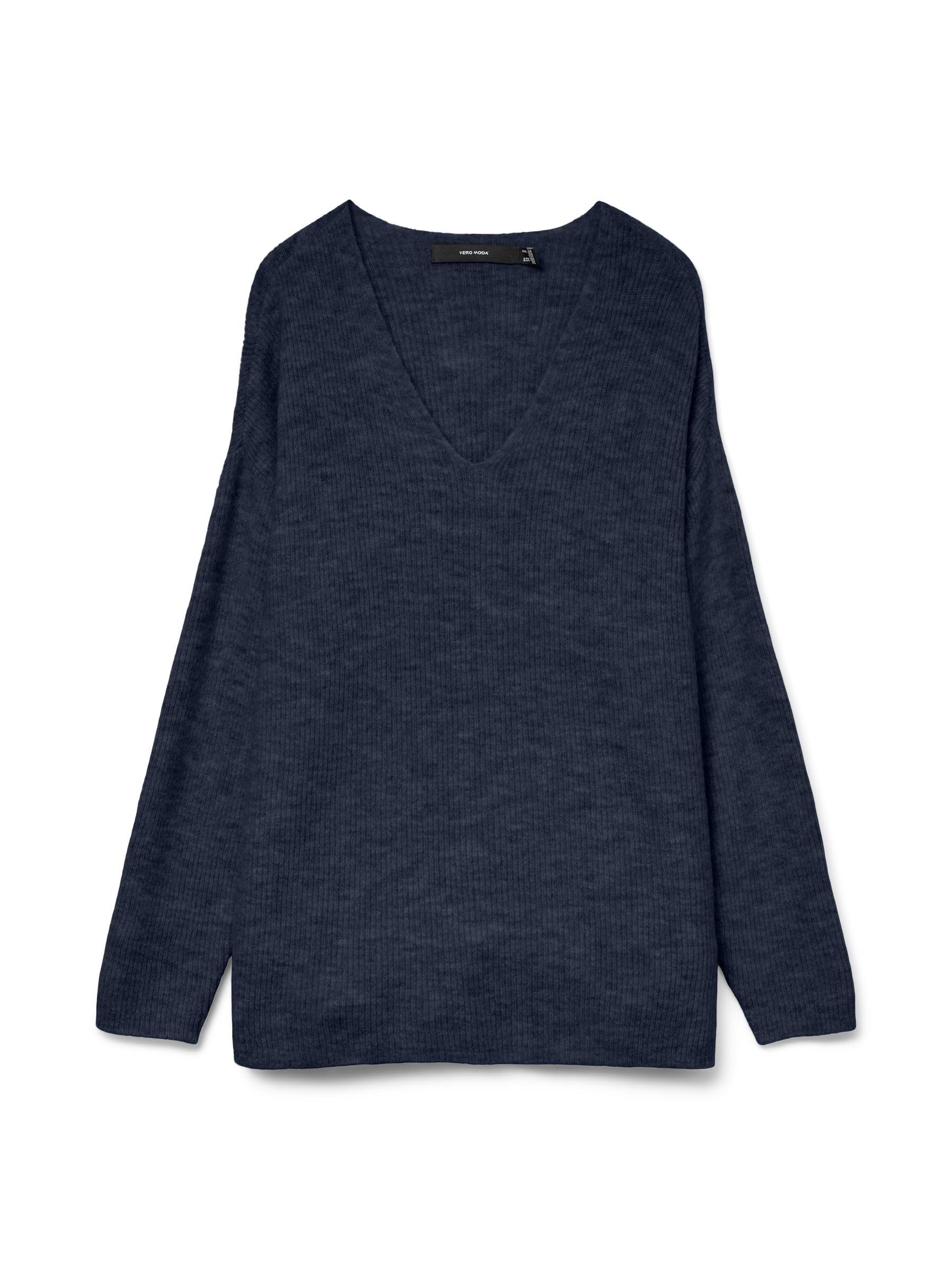 VERO MODA Knit V-Neck Sweater Long Sleeve Knitted Jumper VMCREWLEFILE, Colours:Navy, Size:XS