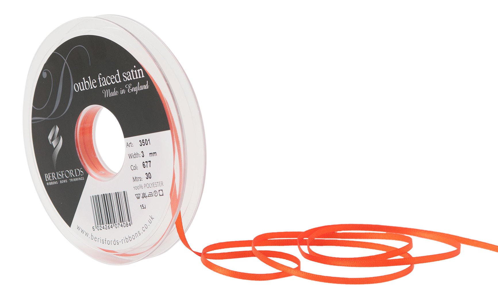 Berisfords Double FACE Poly Satin Ribbon, Flame, 10.5x10.5x1.3 cm โ image 1