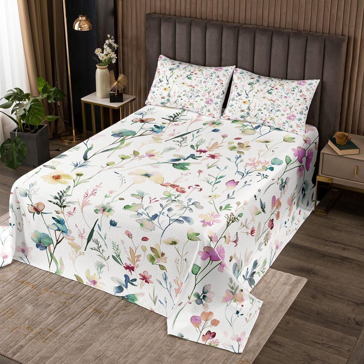Homewish Boho Bedspread Wasserfarbe Floral Tagesdecke 170x210cm Blau Lila Rustikale Blumen Bettüberwurf Zimmerdekor Pflanzen Blätter Botanisch Steppdecke