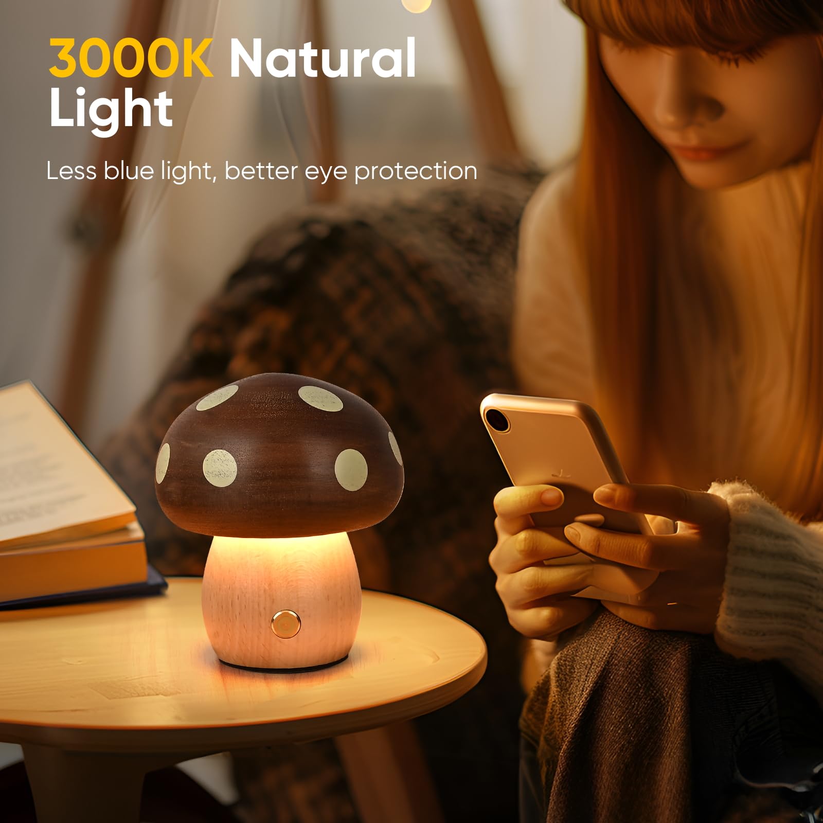 LONRISWAY Paquete de 2 lámparas de mesa de madera de hongo pequeño, lámparas LED recargables inalámbricas táctiles, luz nocturna inalámbrica de atenuación continua, lámpara de batería portátil para