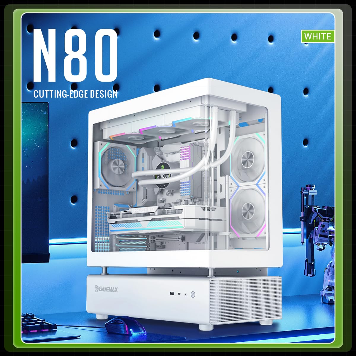 GameMax N80 WHT Zakrzywione szkło hartowane ATX PC obudowa komputera z układem dwukomorowym, 5 x 120 mm wsteczny i 1 x wentylatory ARGB PWM 120 mm, kompatybilność z chłodzeniem wodnym 360 mm i port