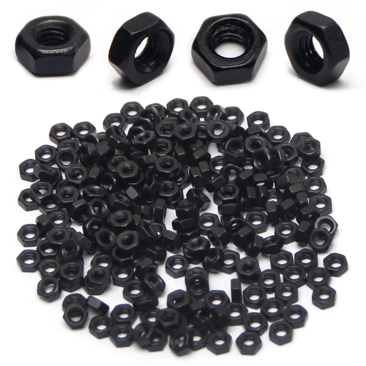 100pcs M4-0.7 Hex Nuts, Carbon Steel, Black Oxide, M4 x 0.7mm Tiny Nuts, Hex Drive, Metric, Right Hand, 7mm Width, 3.2mm Height, Small Replacement Nut