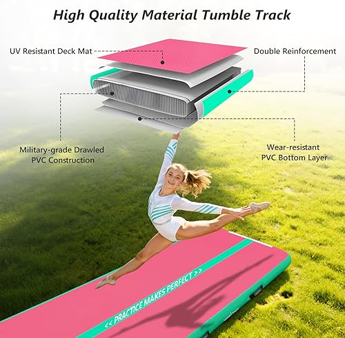 Miniatura 2 de VOFiTNY All Purpose Gymnastics Mat 6.6/10/13/16/20 ft Sturdy Inflatable Tumble Track for Home/Gym Rosado/Verde