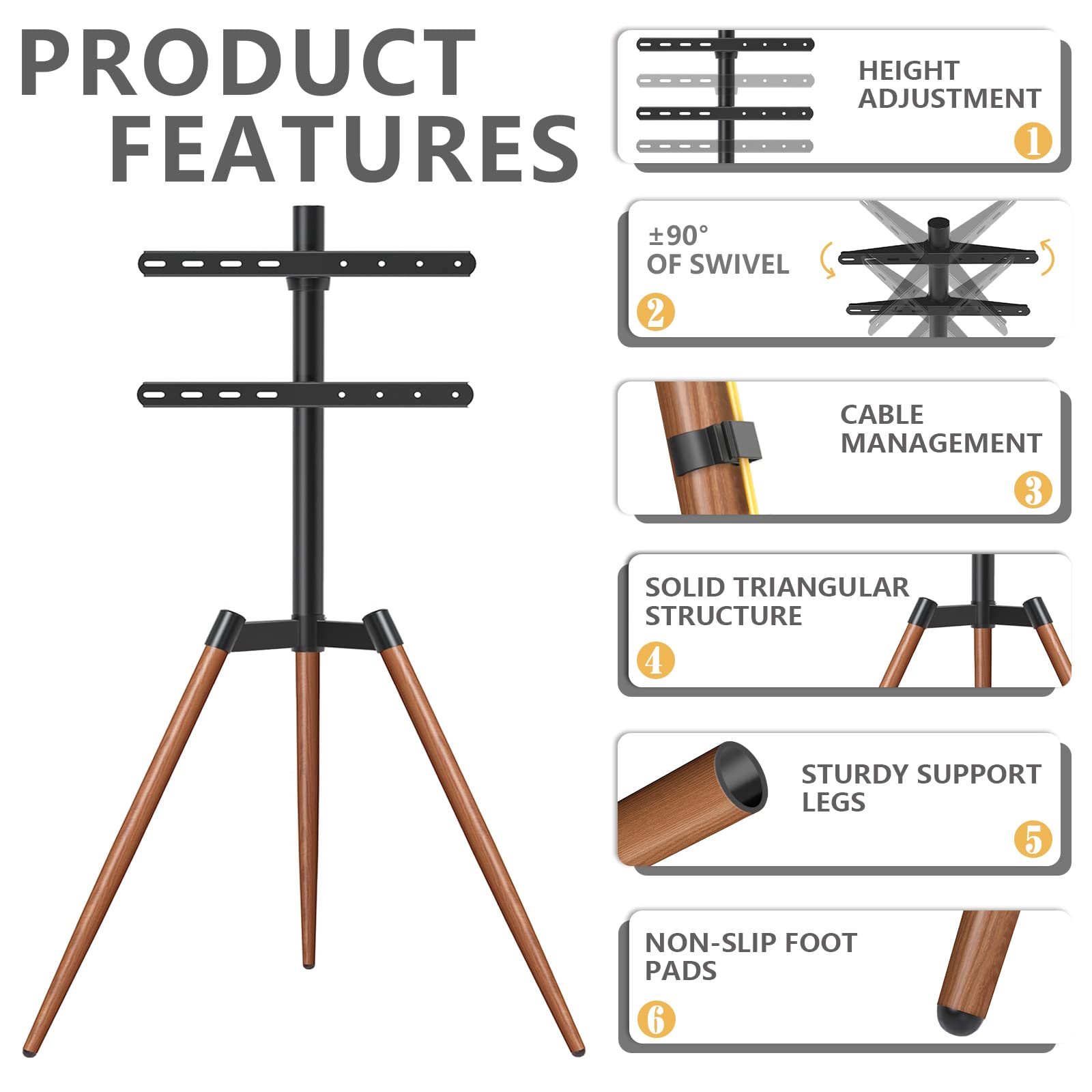 RFIVER Treppiede Supporto TV Cavalletto Tripod da Terra da 32 a 65 Pollici per Televisore da LCD/LED/OLED/QLED/Plasma Girevole 180° e Regolabile in Altezza Max Vesa 400 x 400mm 35kg Marrone