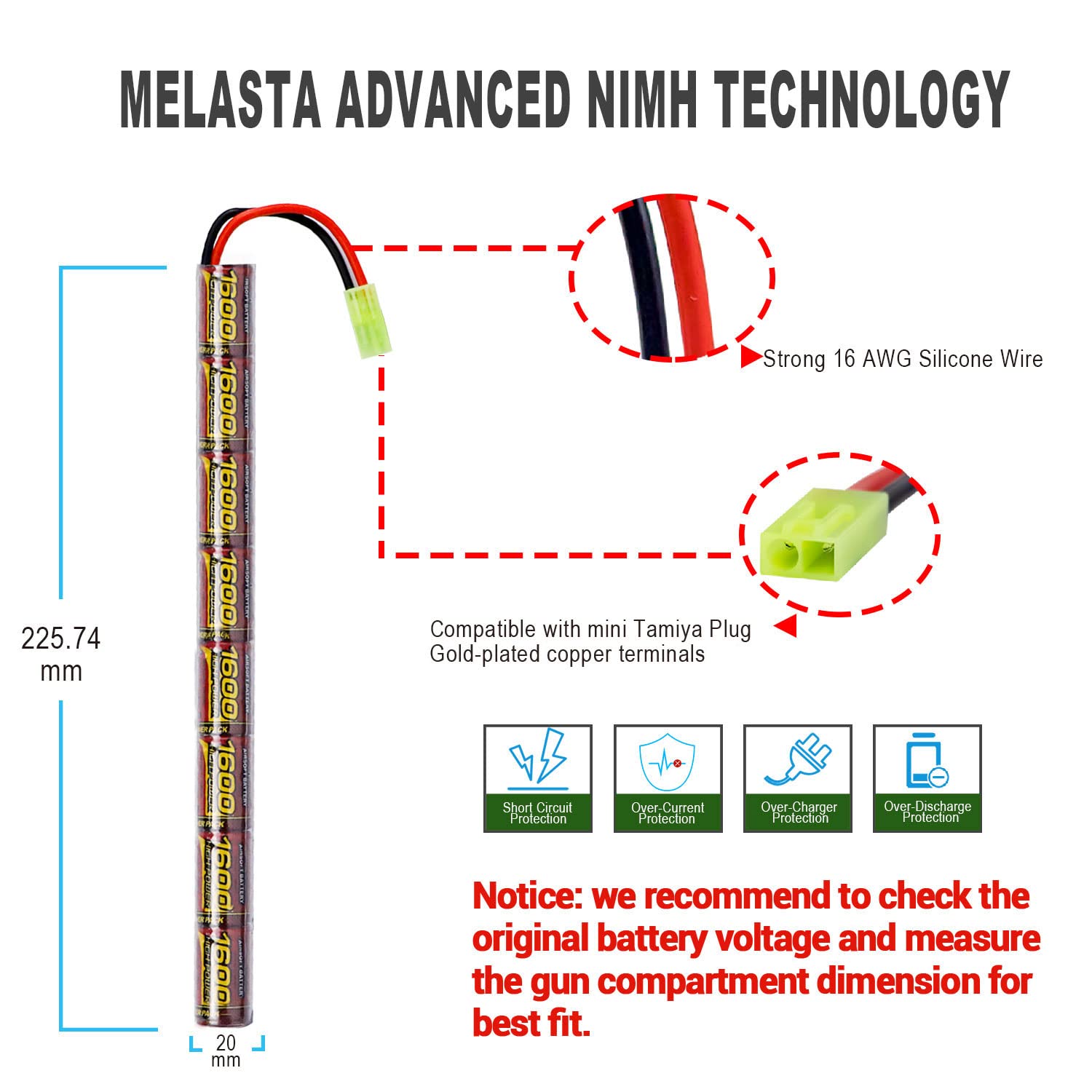 melasta 9,6V 1600mAh Airsoft Batteria NiMH Butterfly Nunchuck Batteria con Mini Tamiya Connettore per Fucile Carabina ad Aria Compressa Airsoft, Fucile Softair, Pistole Softair, 2 PCS