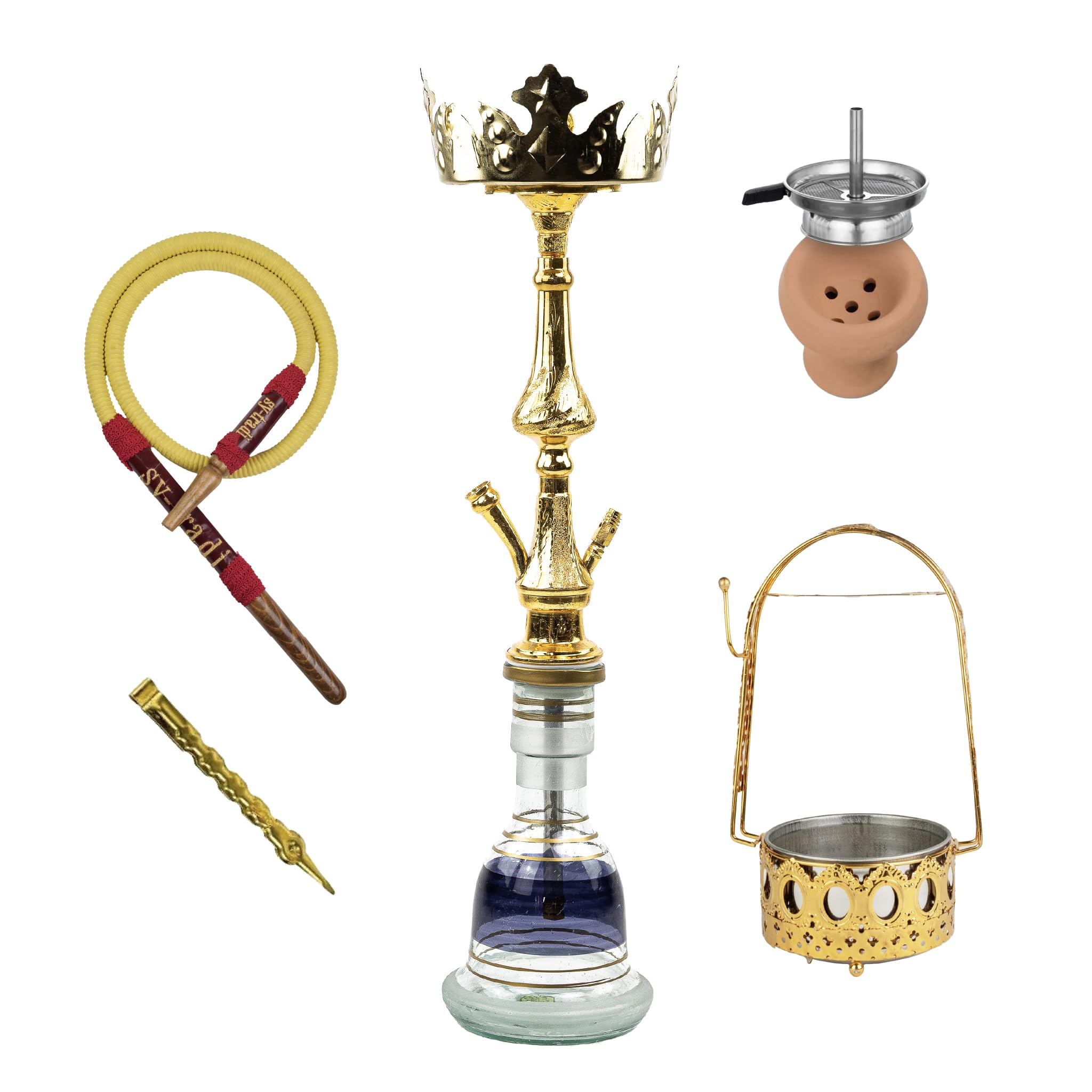 Shisha Tradicional Narmer 70 cm | Cachimba Artesanal con Tubo de Cuero, Cabezal de Terracota, Gestor de Calor y Porta Carbón Dorado Incluido