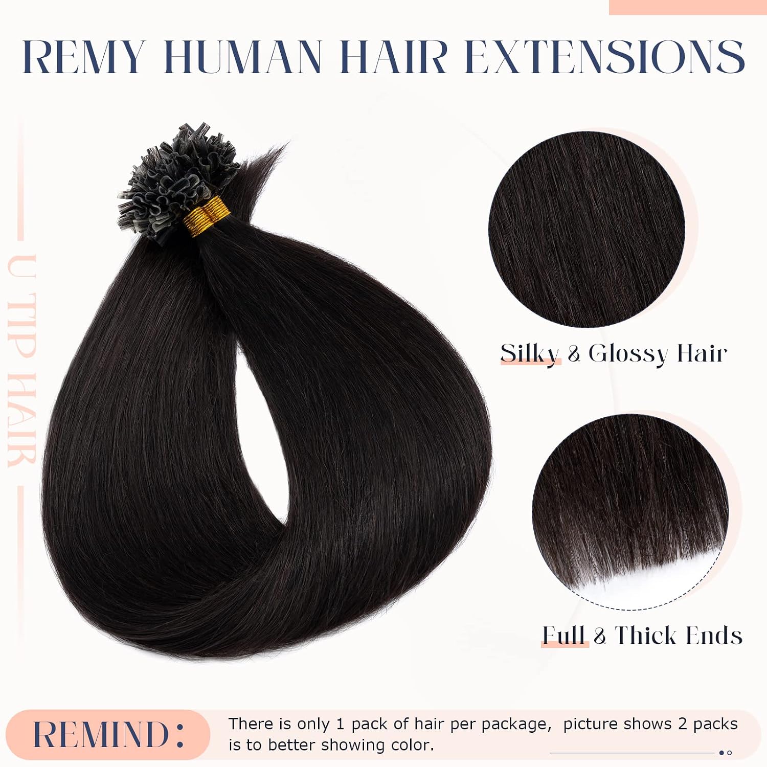 Hairro Pre Bonded Fushion Hair Extensions Nail Tip Human Hair Keratin U Tip Hairpieces Utip Remy Natural Glue Stick Flat Tipped Hairpiece For Women 100 Strands 16" 50g #1B Natural Black