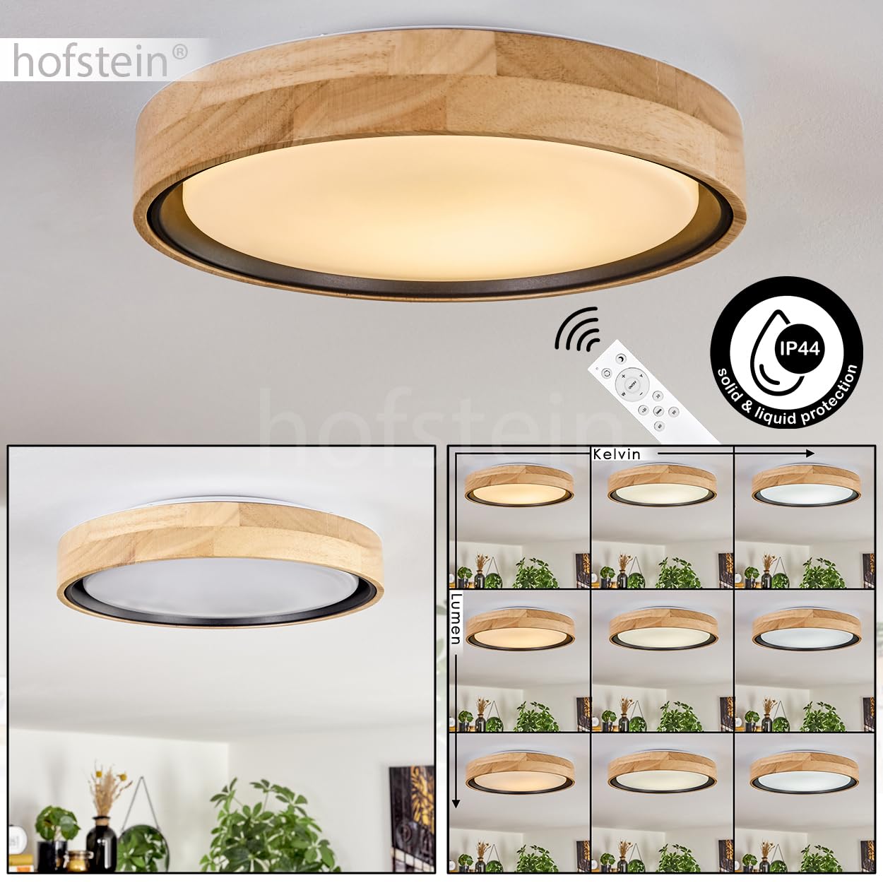 Plafonnier LED Melstad, dimmable en bois/métal/plastique en naturel/blanc, dimmable par télécommande, 2700-6500 Kelvin, 1900 Kelvin, LED 18 Watt, (Ø 30cm), également pour salle de bains, IP44