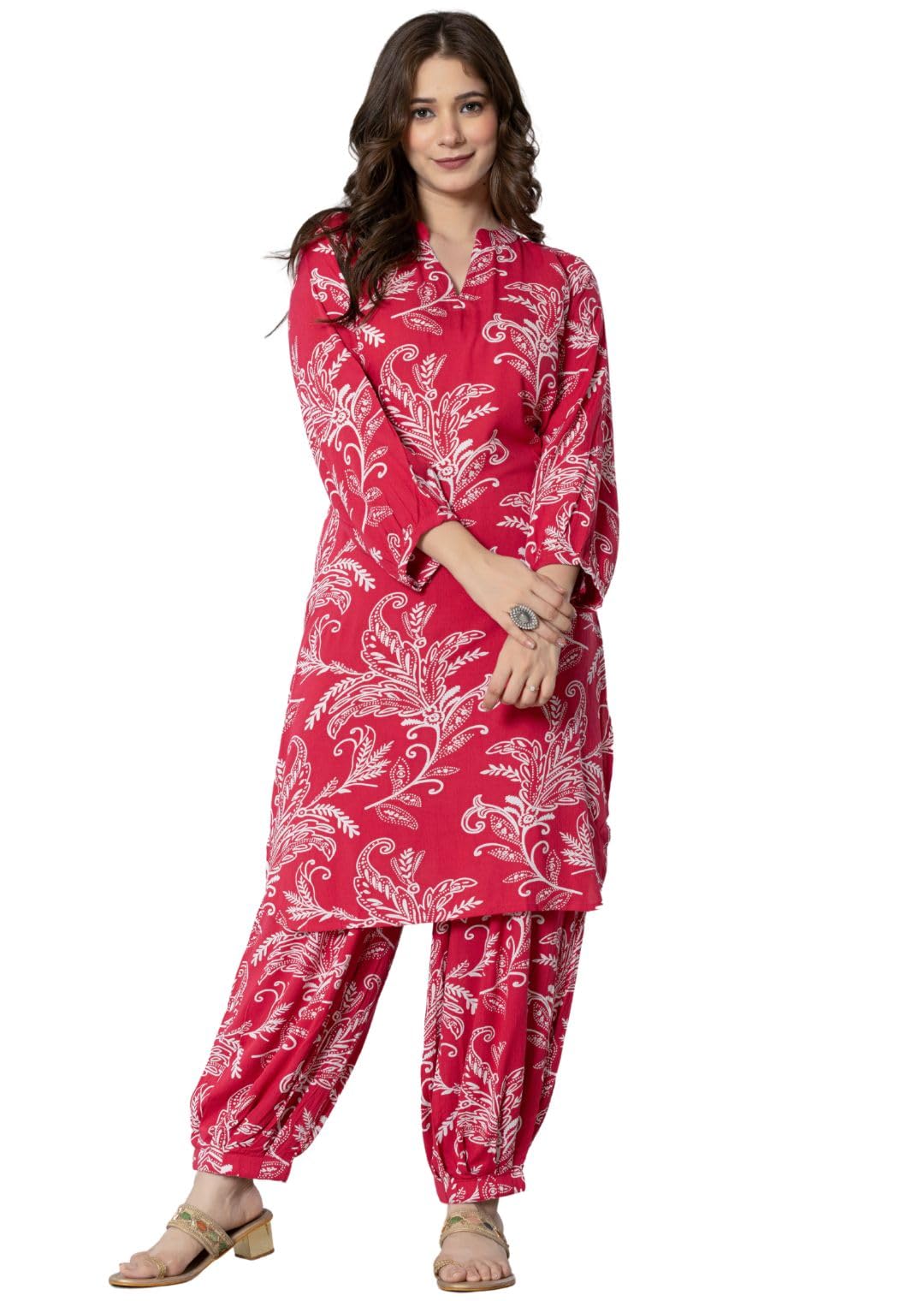 Rytras Women's Pure Cotton Printed Straight Kurta Set With Palazzo Pants - Ethnic Wear, Pink(Ryt590-New,S)