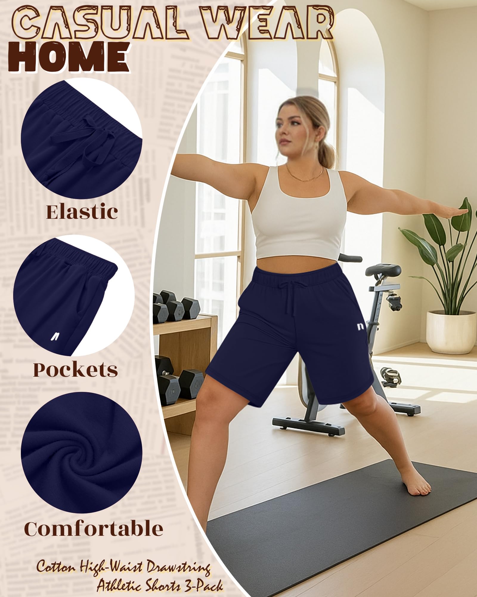 Neer 3 Lot Bermudas Femmes Grandes Tailles | Tissu 90 % coton, taille haute avec cordon réglable, vêtements décontractés pour la maison, yoga sportif avec poches