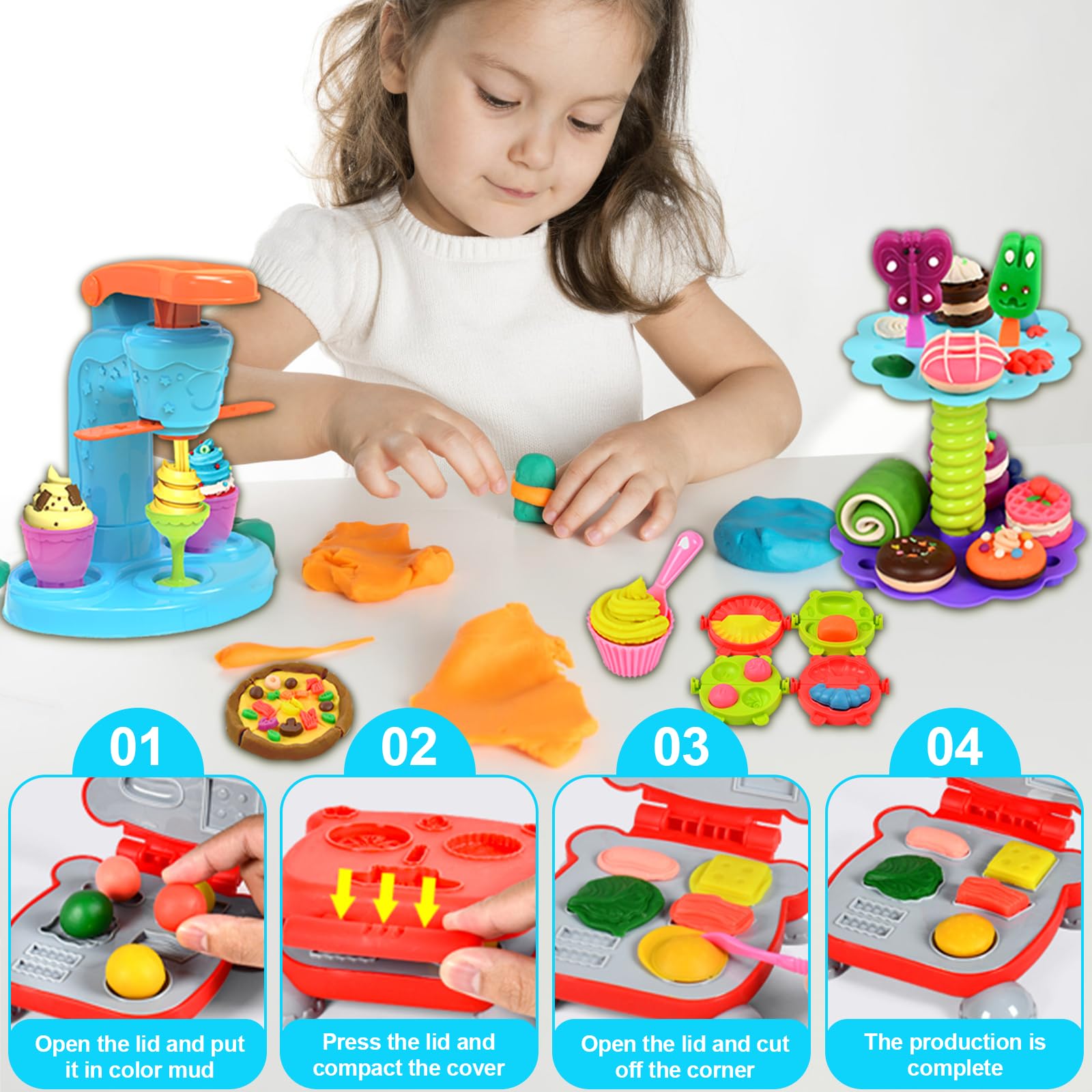 UCAMP 65 pièces Pâte À Modeler pour Enfants,Accessoires pour Créer des Hamburgers et des Pizza,Outils de Pâte À Modeler Créatif Accessoire avec 12 Pots de Pate a Modeler Cadeau de Jouet Enfan 2+ Ans