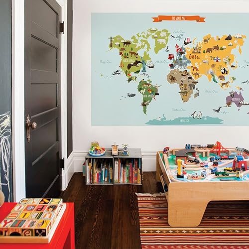 Póster de vinilo con mapa del mundo infantil para pared, diseño de mapa del mundo ilustrado (tamaño grande, 70 pulgadas de ancho x 45.5 pulgadas de