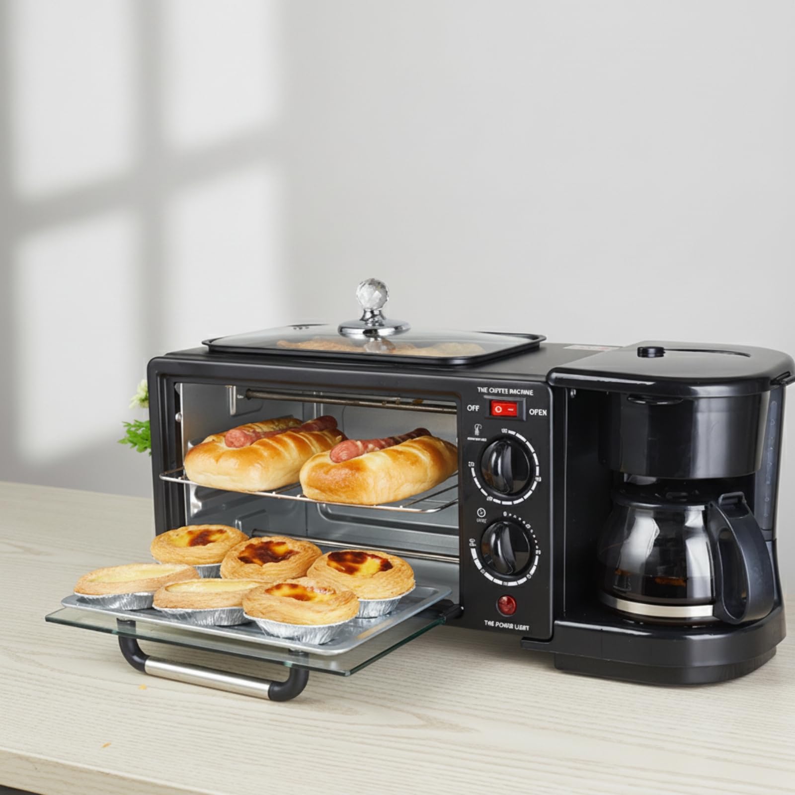 Horno Tostador con Cafetera Incorporada Aparato Cocina Versátil con Compartimento para Hornear y Sección para Diseño Acero Inoxidable Acuado para Preparar Comidas Rápidas y para Uso Doméstico