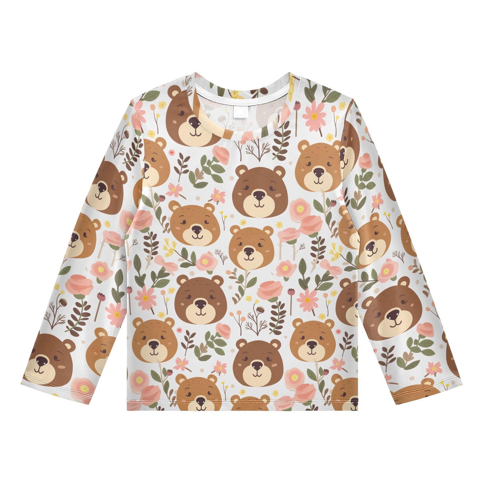 Cute Bear Pink Flower Pattern Boys Rash Guard Swim Shirts Long Sleeve UPF 50+ Quick Dry Sun Protection Shirt Swimwear Surf Tops for Toddler Kid Fishing Swimming Outdoor 9-10T