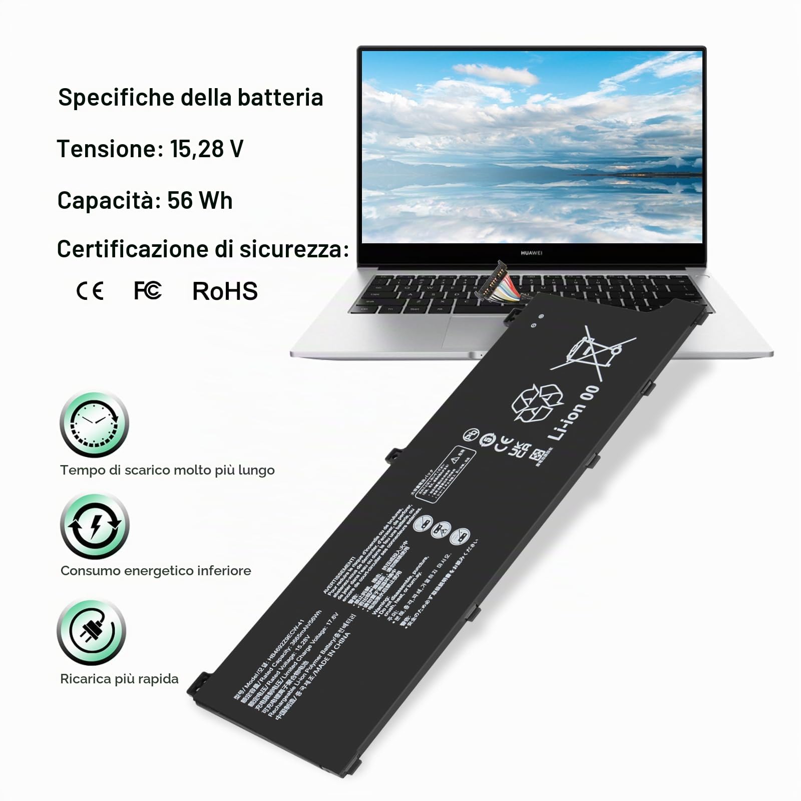HB4692Z9ECW-41 Batterie per Honor Magicbook 14 (2019) per Huawei Matebook D 14 (2020) 14-53010TVS NBLK-WAX9X NBB-WAE9 NbB-WAE9P NBB-WAH9 NbB-WAH9P NbB-WAQ9R NbB-WAQ9RP Nbl-WAQ9R 15.28V 56Wh