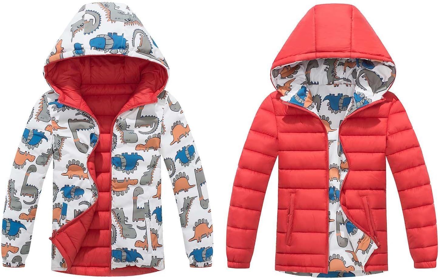 Kids Reversible Padded Winter Coat Boys Girls Lightweight Winter Insulated Hooded Jacket