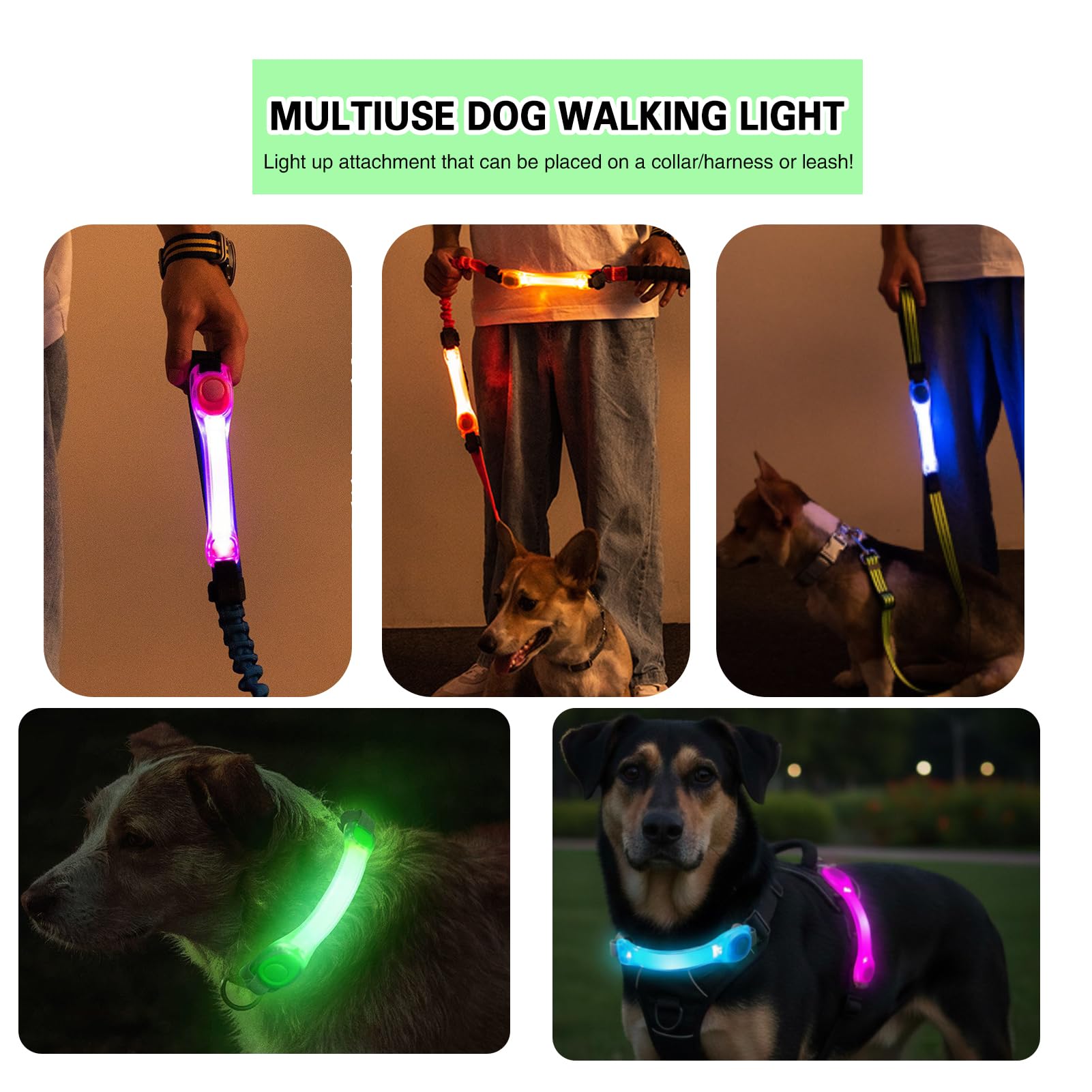 Juego de correa de perro resistente y luz LED, luz LED con calcomanías de nailon, accesorios universales brillantes fáciles de colocar, correa de collar y arnés, banda de seguridad con luz LED para