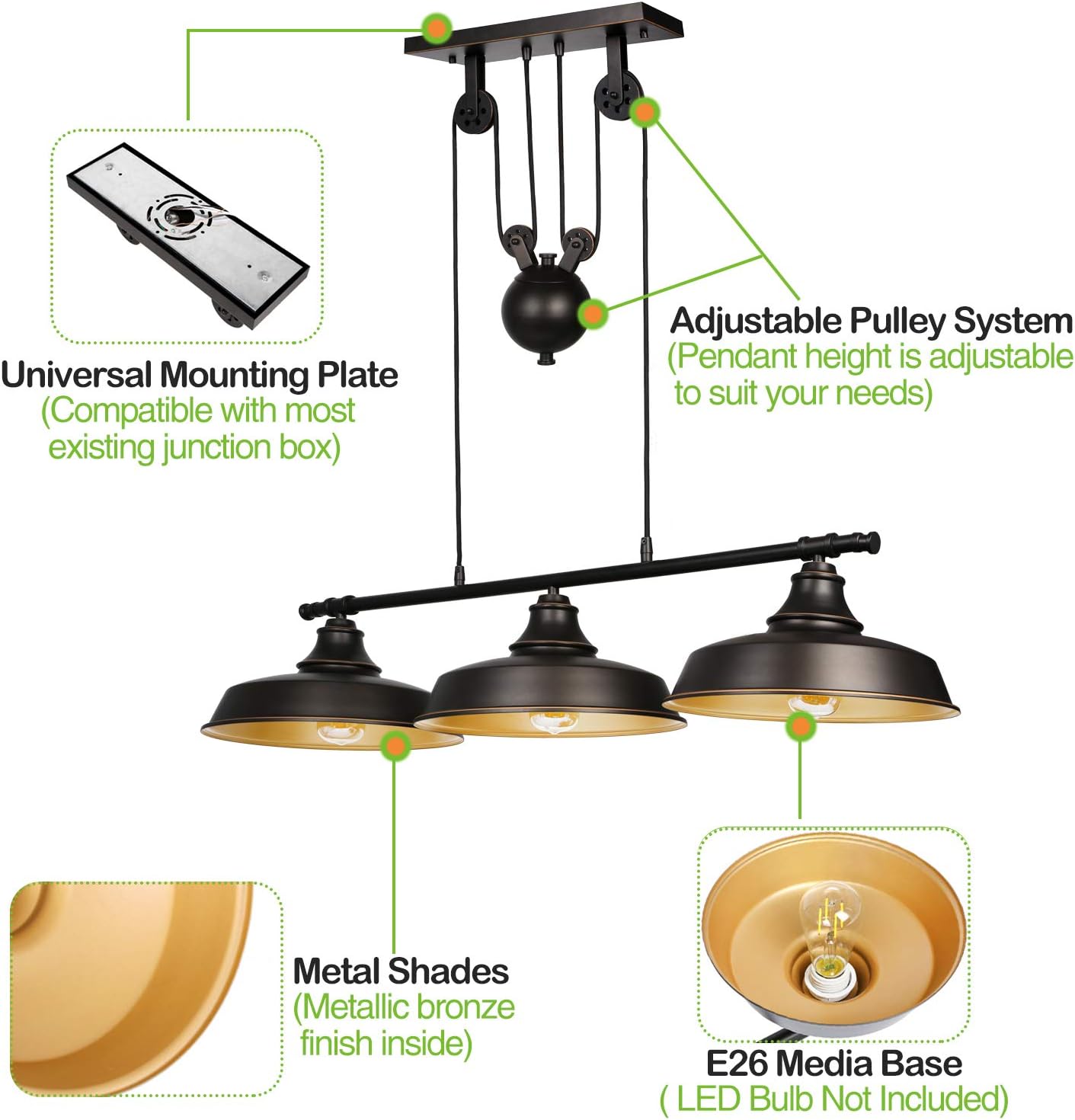 Gеt Sресіаl Prісе 3-Light Pulley Pendant Lighting, Adjustable Kitchen Island Lights, Farmhouse Vintage Ceiling Light Fixtures, Oil Rubbed Bronze/Bronze, ETL Listed