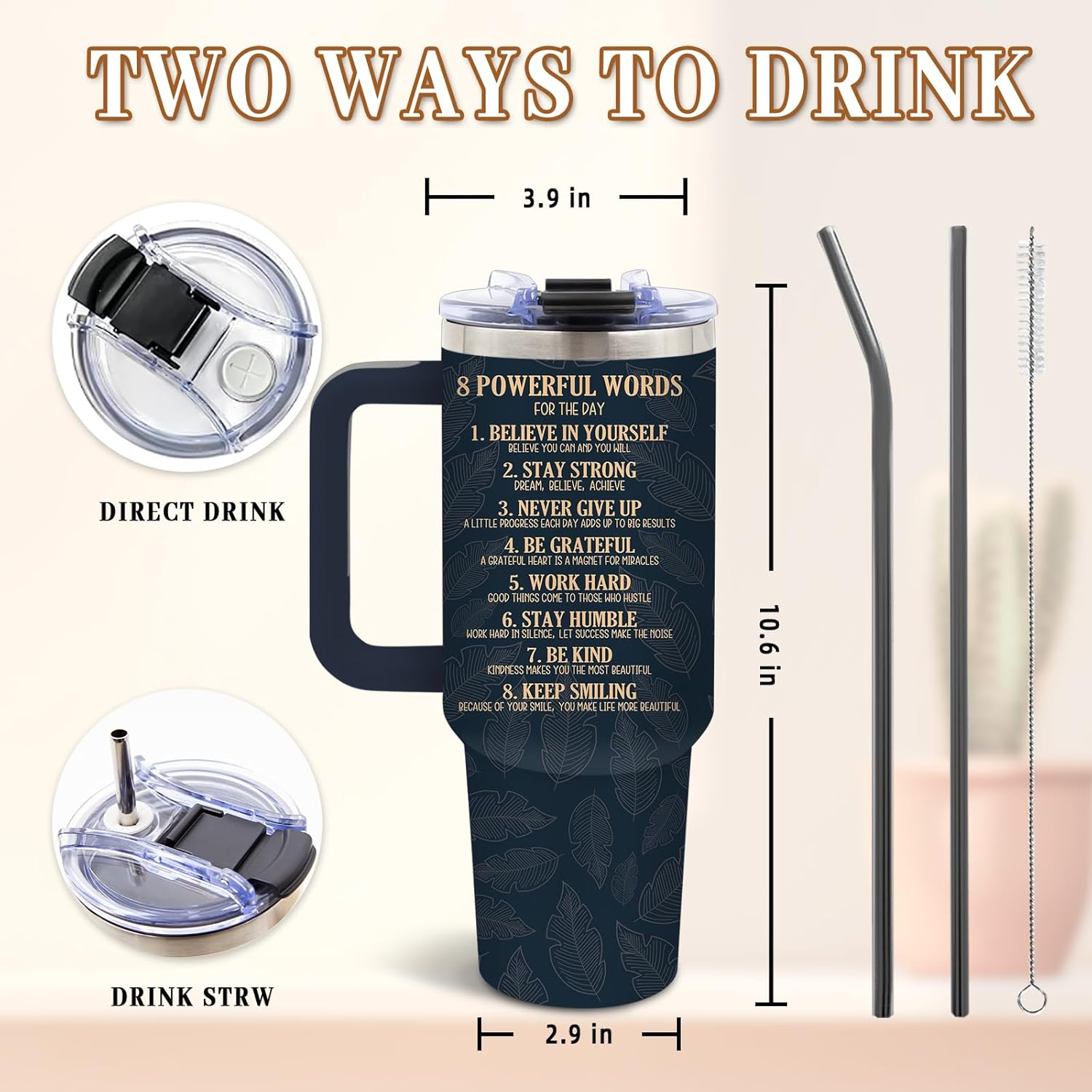 DUUV 40 Oz Tumbler with Motivational Quotes - Stainless Steel Insulated Travel Mug for Daily Empowerment, Christmas Inspirational Gifts with Powerful Words (Believe, Never Give Up, Stay Strong), 1PCS - Image 3