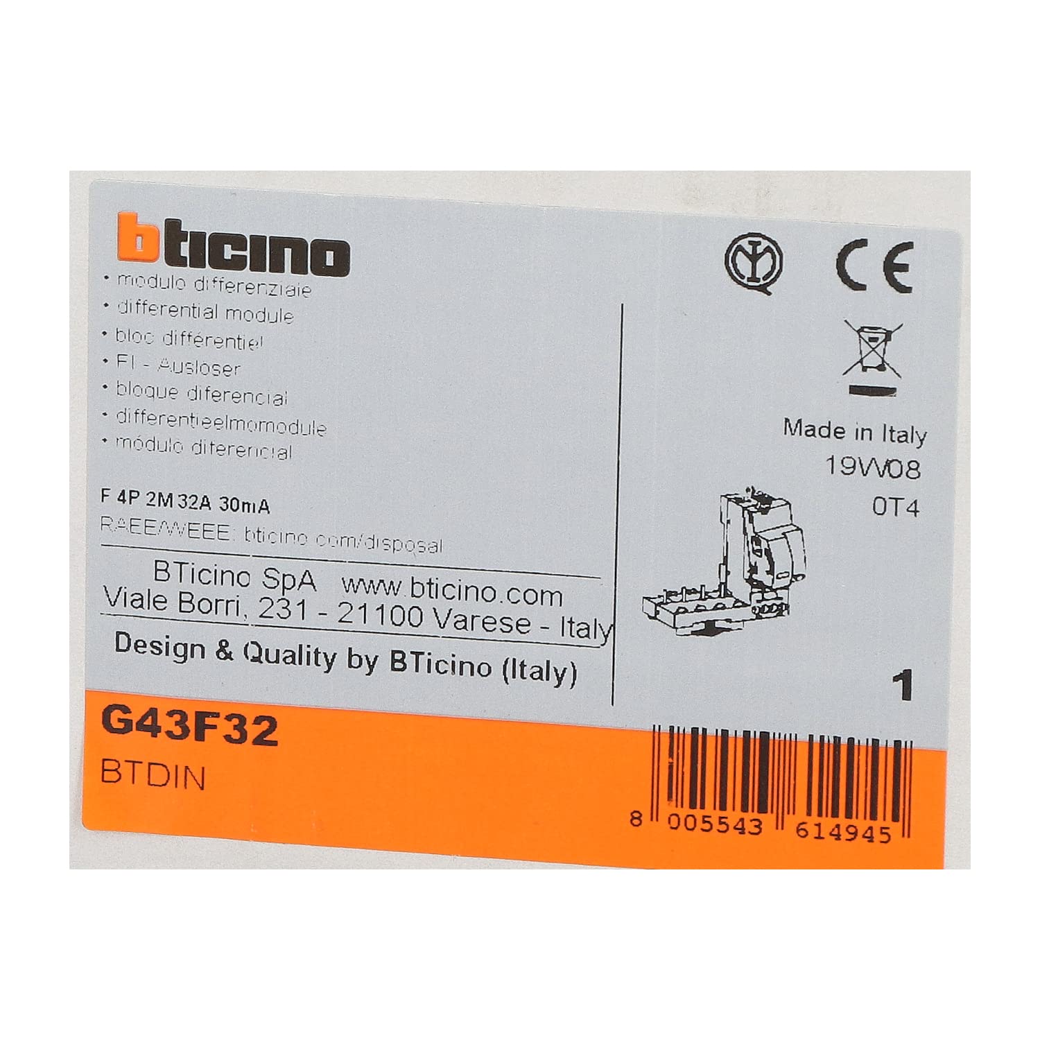Bticino G43F32 Salvavita Modulo Differenziale, 4 Poli, 32A, 400 Vac