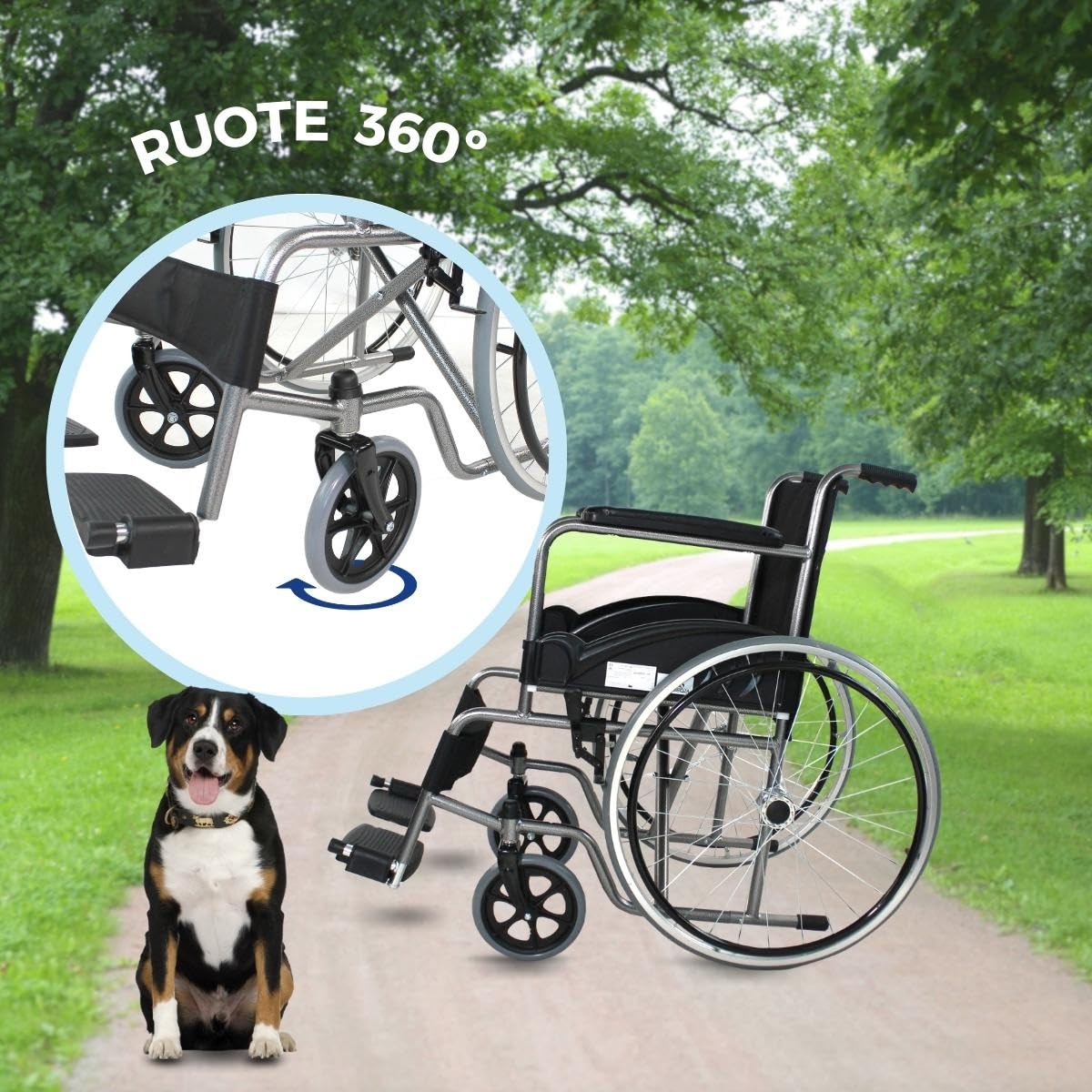 Mobiclinic®, Sedia a rotelle, Auto-propulsa, Carrozzina pieghevole, Alcazaba, Seduta 46 cm, Sistema per superare i cordoli, Braccioli imbottiti, Poggiapiedi ribaltabili, Leggera, Freno sulle ruote