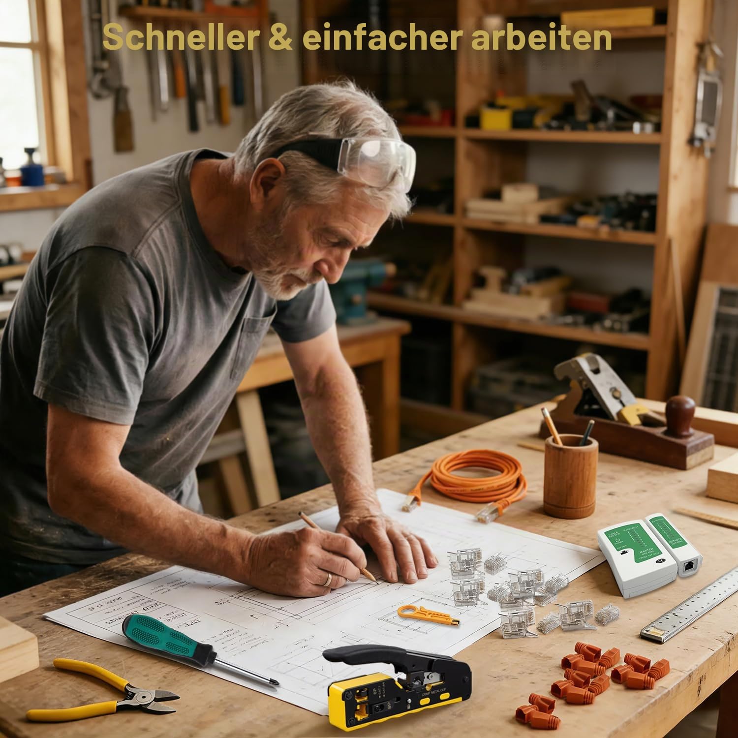 Crimpzange Set, RJ45 Netzwerk Werkzeug Set, Werkzeug Paket für Cat5 Cat6 Cat7, Lan Stecker Pass Through RJ45 Netzwerkstecker, RJ45/RJ11/RJ12 Reparaturwerkzeuge Für Profis & Heimwerker