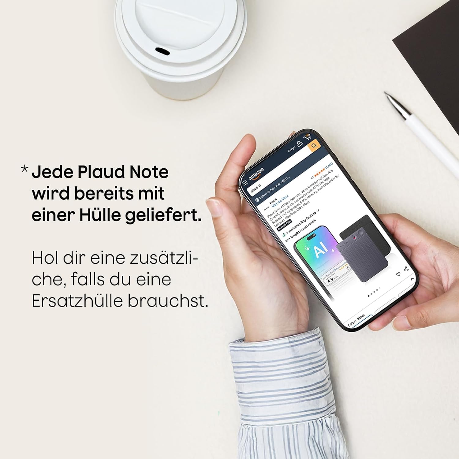 Plaud Note KI Digitales Diktiergerät mit Hülle - 64 GB Aufnahmegerät mit KI-Technologie zum Transkribieren und Zusammenfassen, Profis & Teams One-Touch-Aufnahme (Schwarze Note mit schwarzer Hülle)