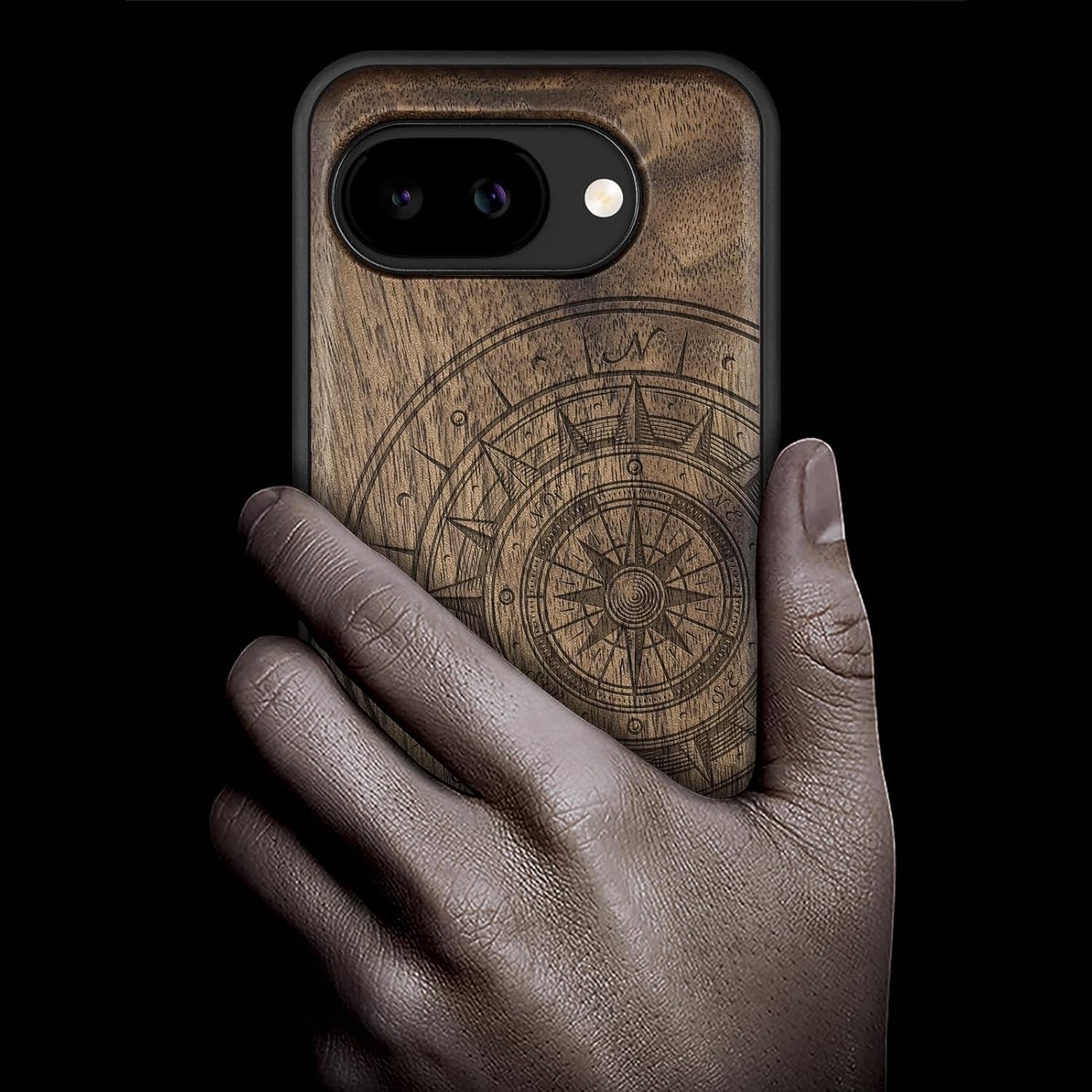 Carveit Magnetic Wooden Case for Google Pixel 10a Case, Wood Artisan Engraved & Soft TPU Shockproof Cover, Compatible with MagSafe Wireless Chargers (The Compass and The Wave) Walnut